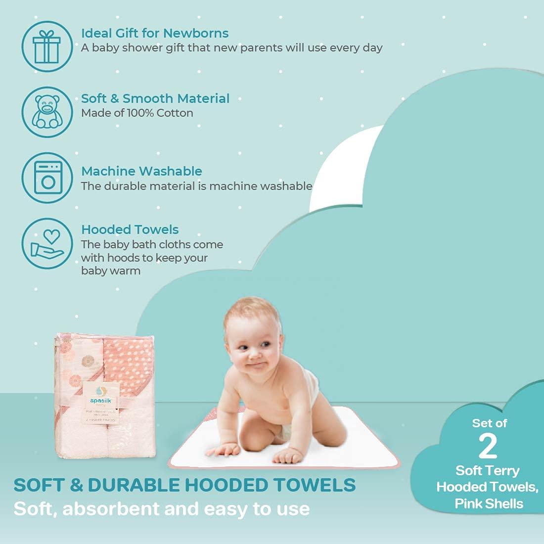 Spasilk Baby Hooded Towel Bath Set, Muslin Printed Hood, Pack of 2, Pink Shells