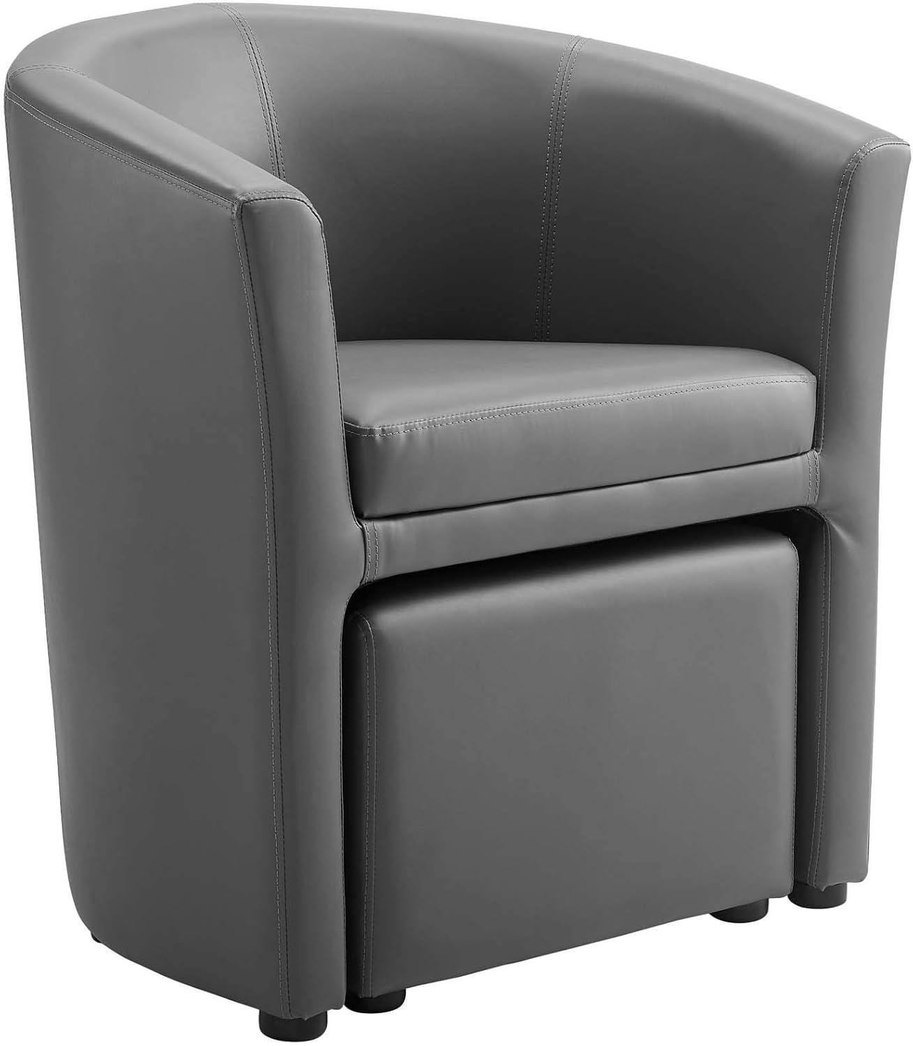 Streamlined Gray Faux Leather Barrel Armchair with Ottoman