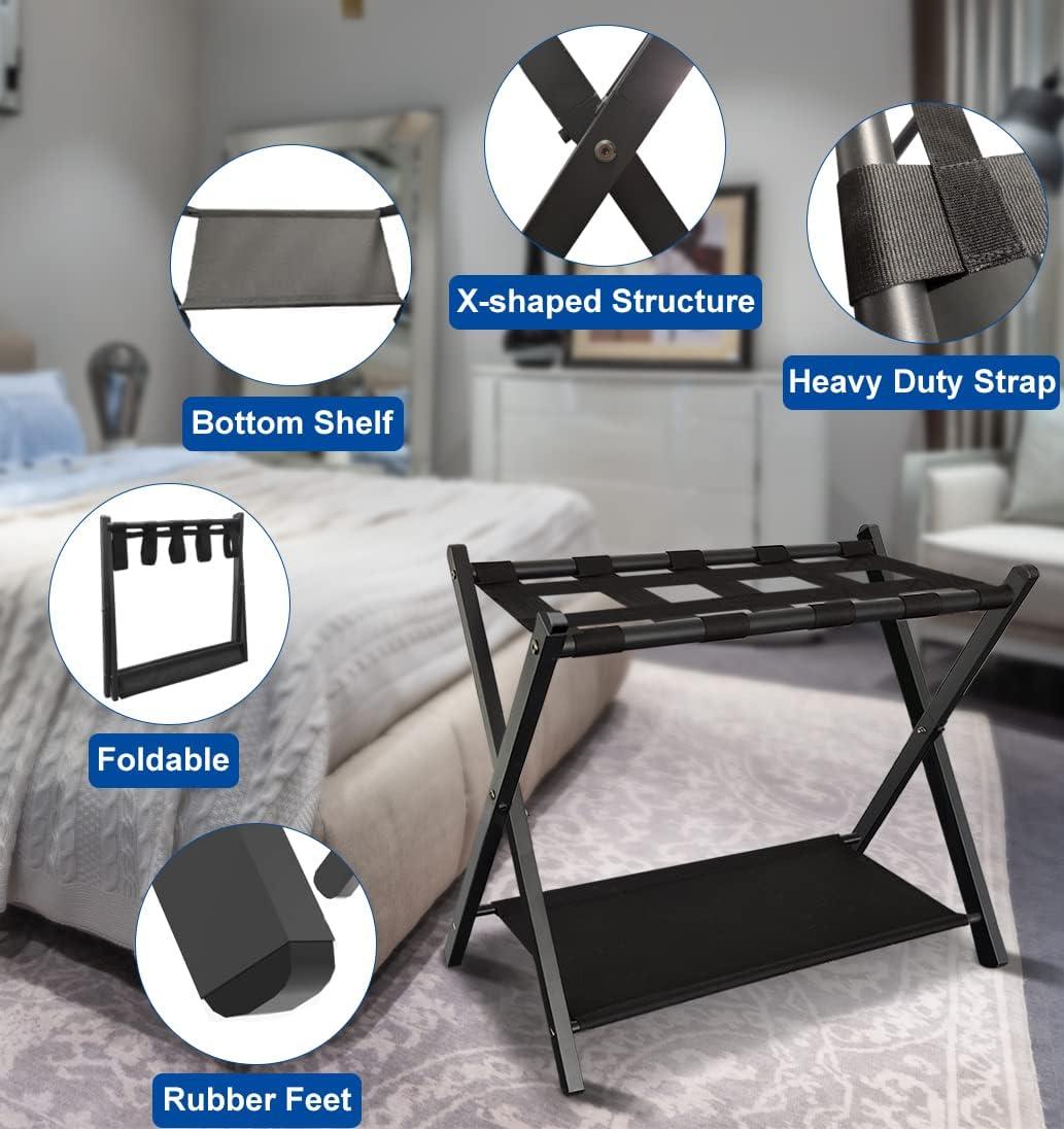 BINO Luggage Rack For Guest Room, Suitcase Stand With Storage Shelf, Steel Frame, Foldable For Easy Storage, Hotel, Bedroom, Black