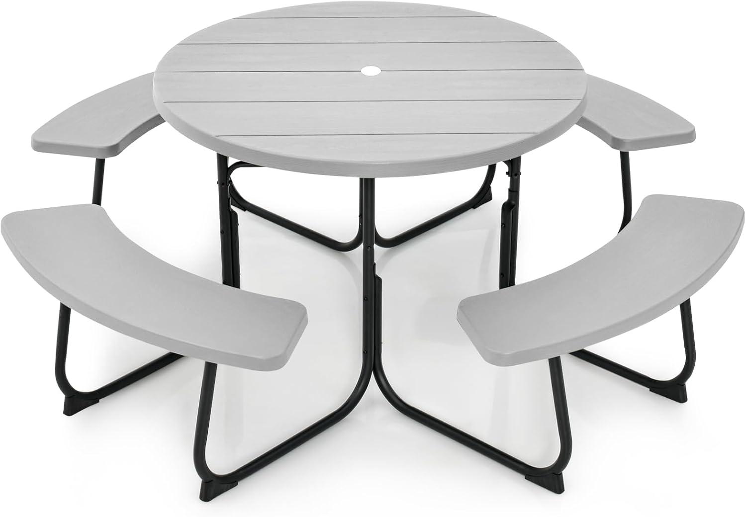 Costway Outdoor 8-person Round Picnic Table Bench Set with 4 Benches & Umbrella Hole Green