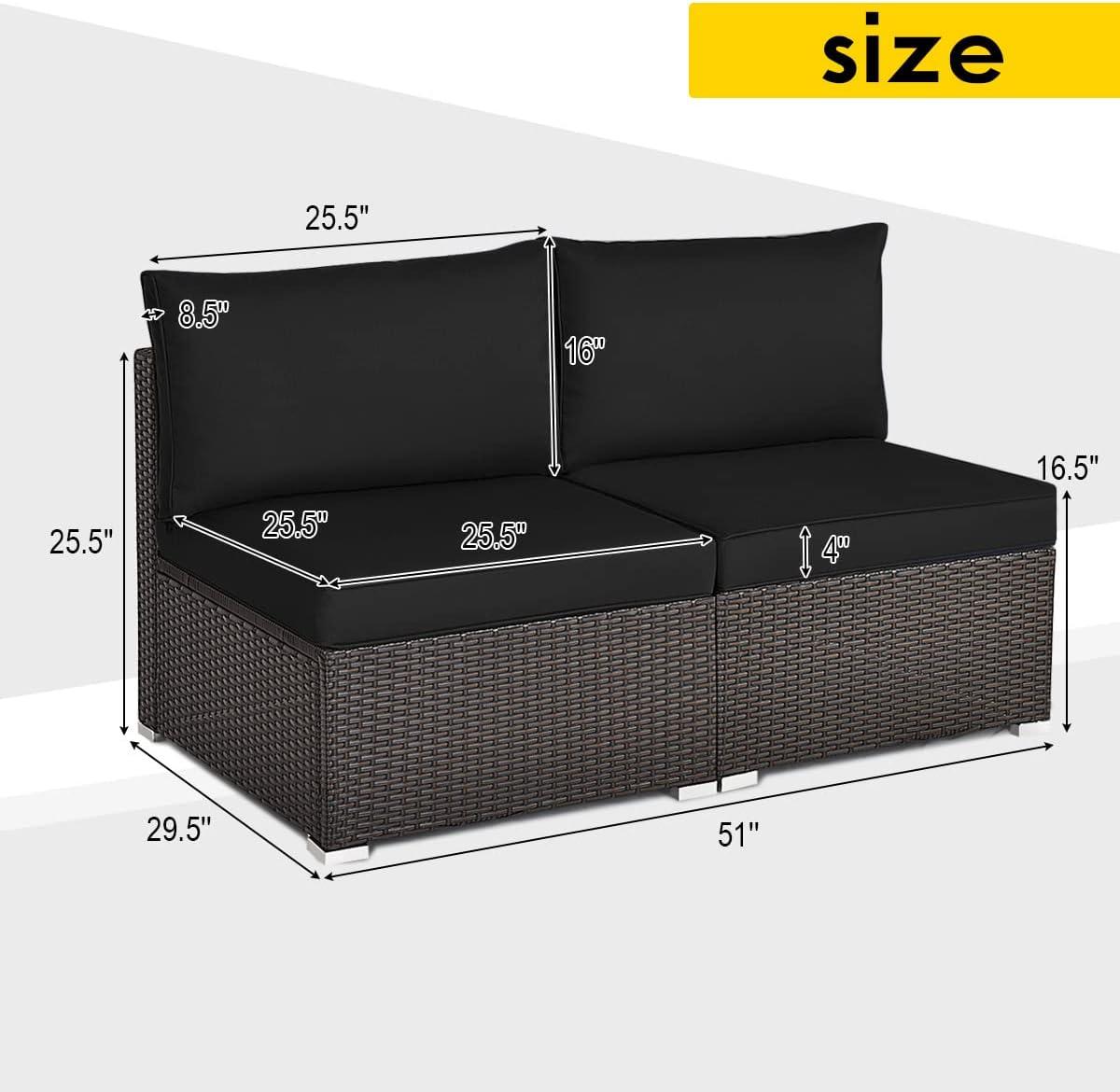 Costway 2PCS Patio Rattan Armless Sofa Sectional Furniture Conversation W/Black Cushion