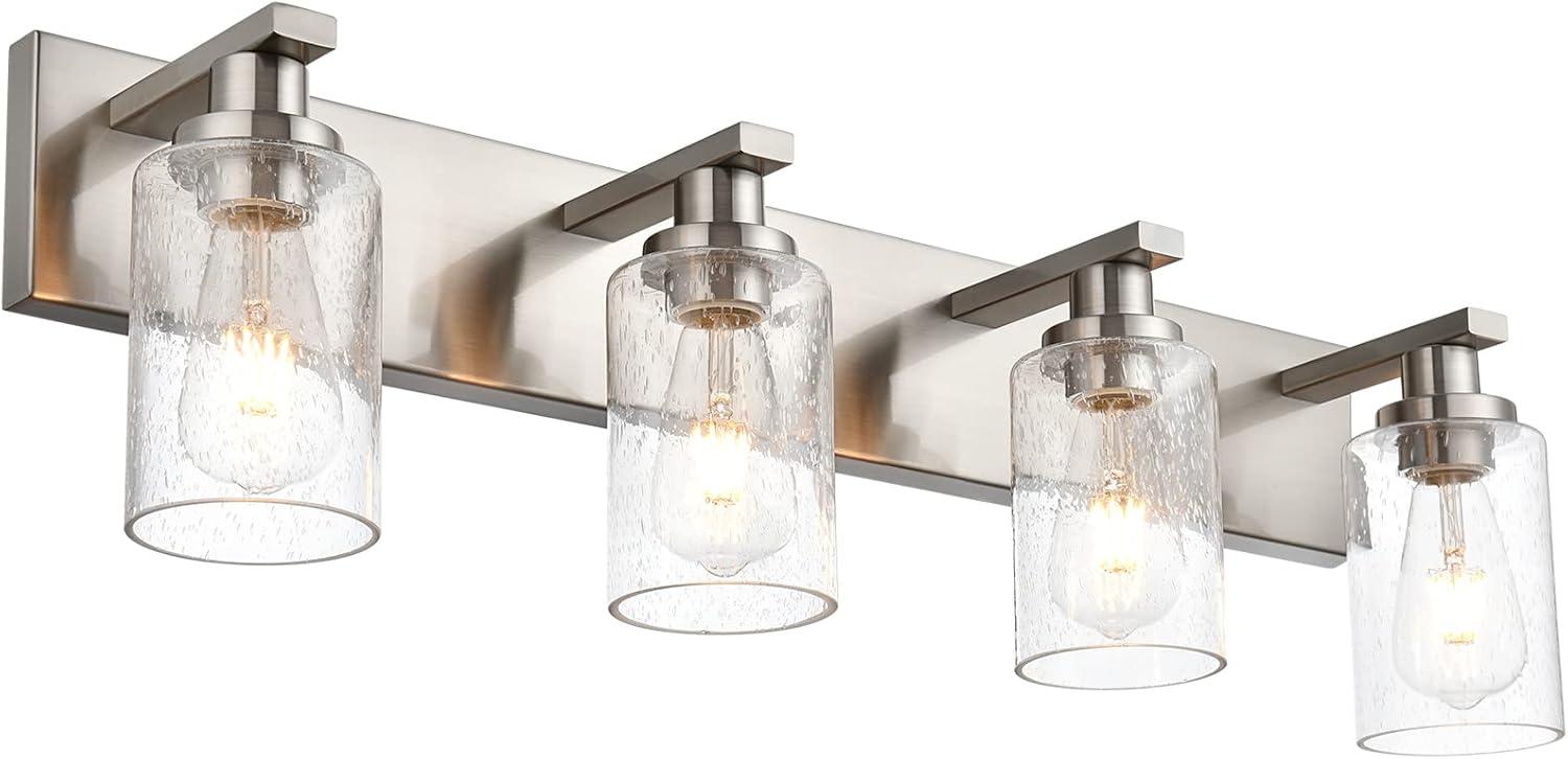 Melucee Brushed Nickel Industrial Bathroom Vanity Light Fixtures Over Mirror Seeded Glass 4 Lights Vintage Vanity Lights Farmhouse Bath Lighting
