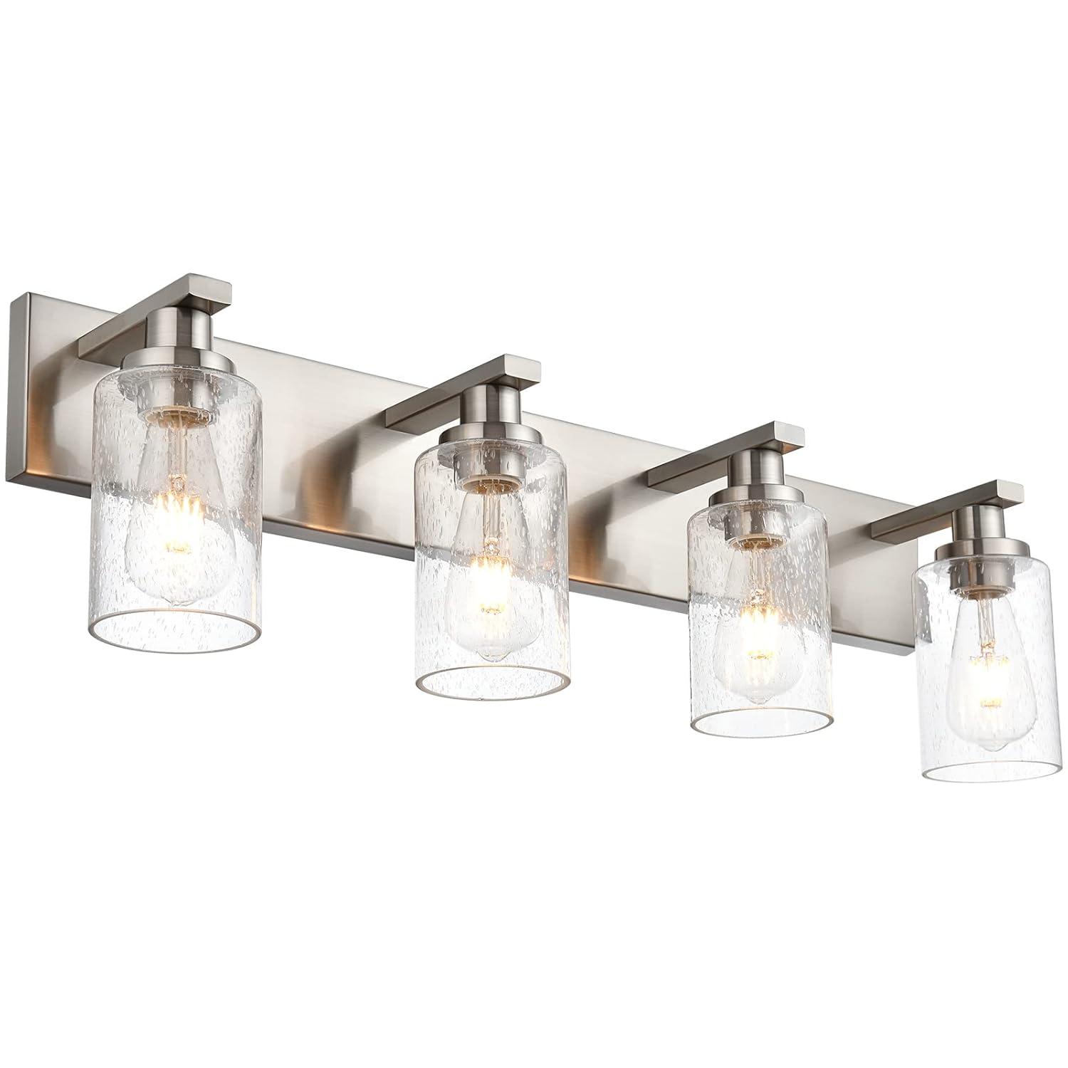 Melucee Brushed Nickel Industrial Bathroom Vanity Light Fixtures Over Mirror Seeded Glass 4 Lights Vintage Vanity Lights Farmhouse Bath Lighting