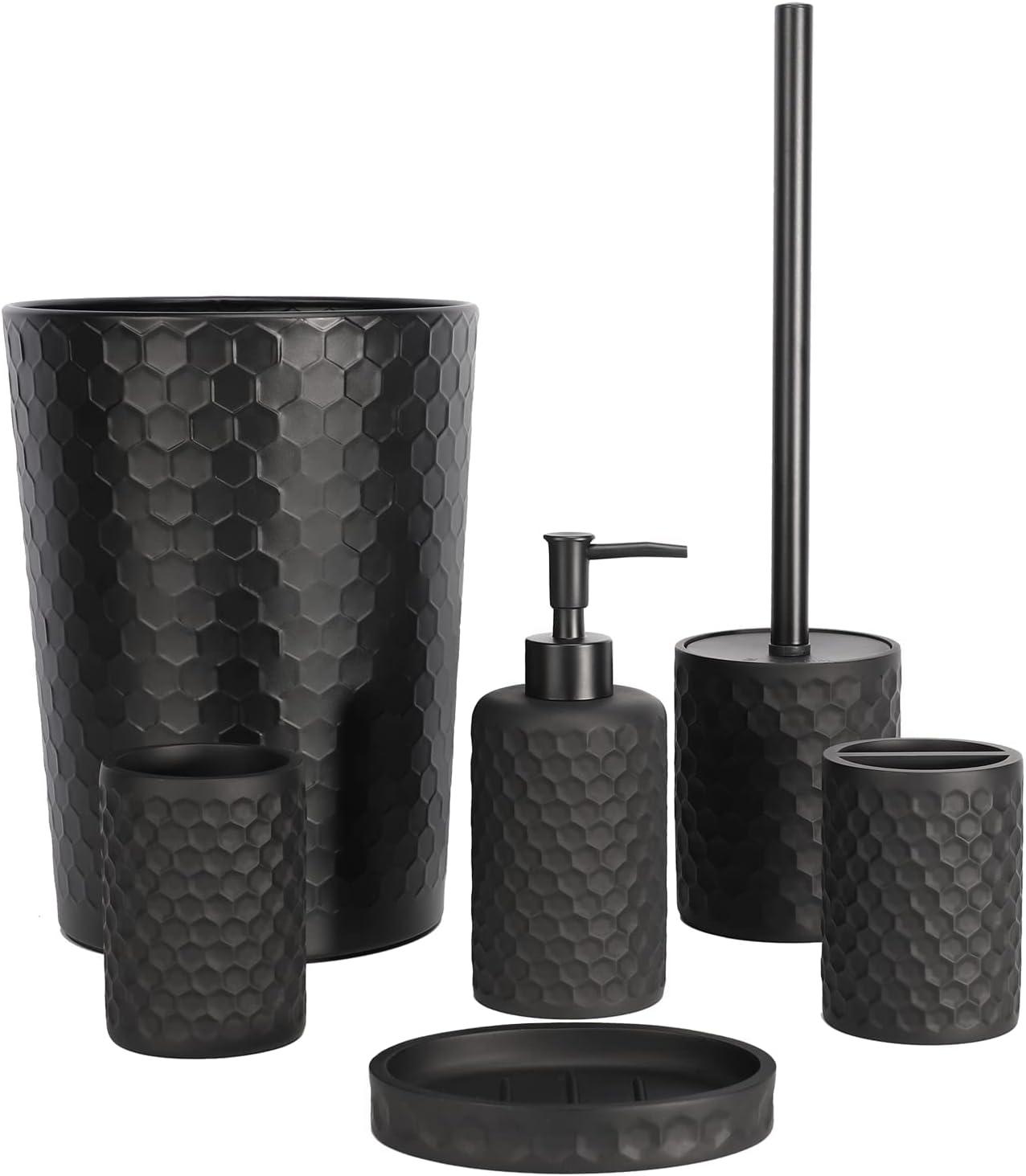 zccz Bathroom Accessory Set - 6 Pcs Black Bathroom Accessories Set with Trash Can, Toothbrush Holder, Toothbrush Cup, Soap Dispenser, Soap Dish, Toilet Brush with Holder - Accessoire Salle de Bain