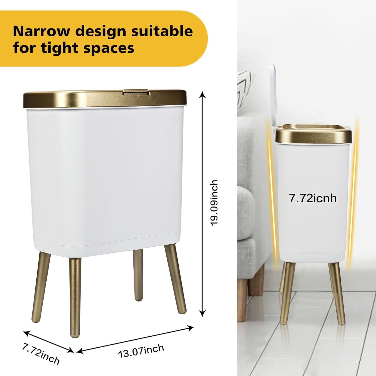 LIKOBI Trash Can with Lid,Bathroom Trash Can with Gold Edge,Slim Plastic Trash Bin for Bedroom,4 Gallon