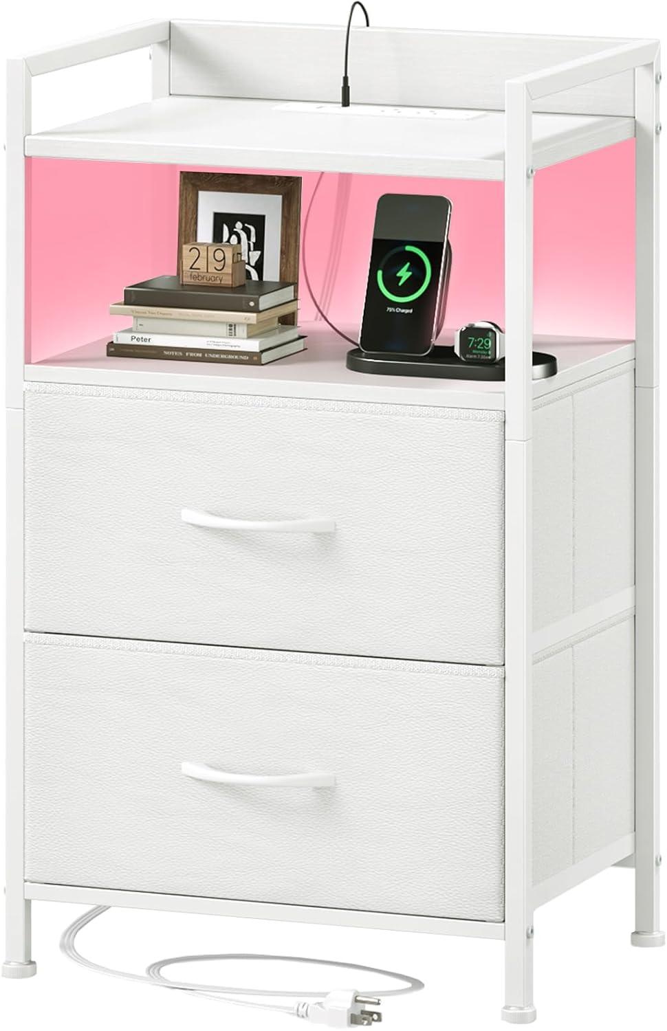 Eunos White Tall Nightstand with Charging Station, 5 Fabric Drawer Dresser for Bedroom with LED and Handle