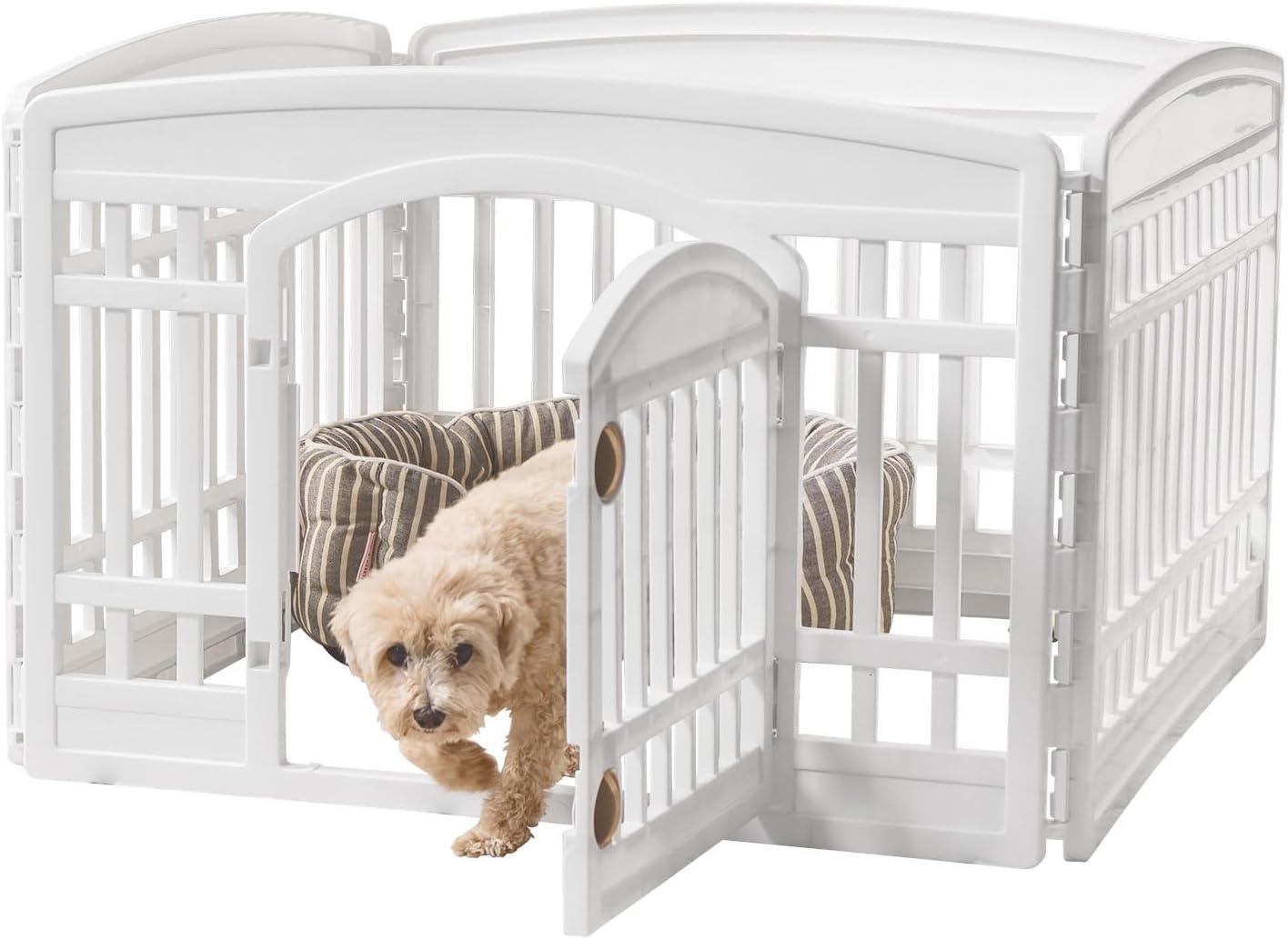 IRIS USA 4 Panel 24H inch Foldable Exercise Enclosure Plastic Pet Playpen with Door, White