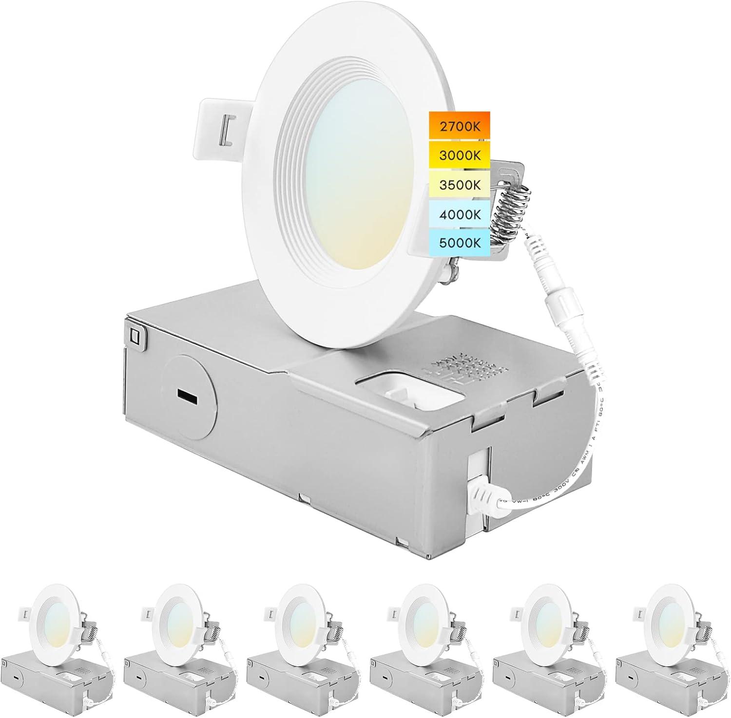 Luxrite 3 Inch Ultra Thin LED Recessed Light J-Box 6W 5 Color Options Dimmable 400 Lumens IC Rated Baffle