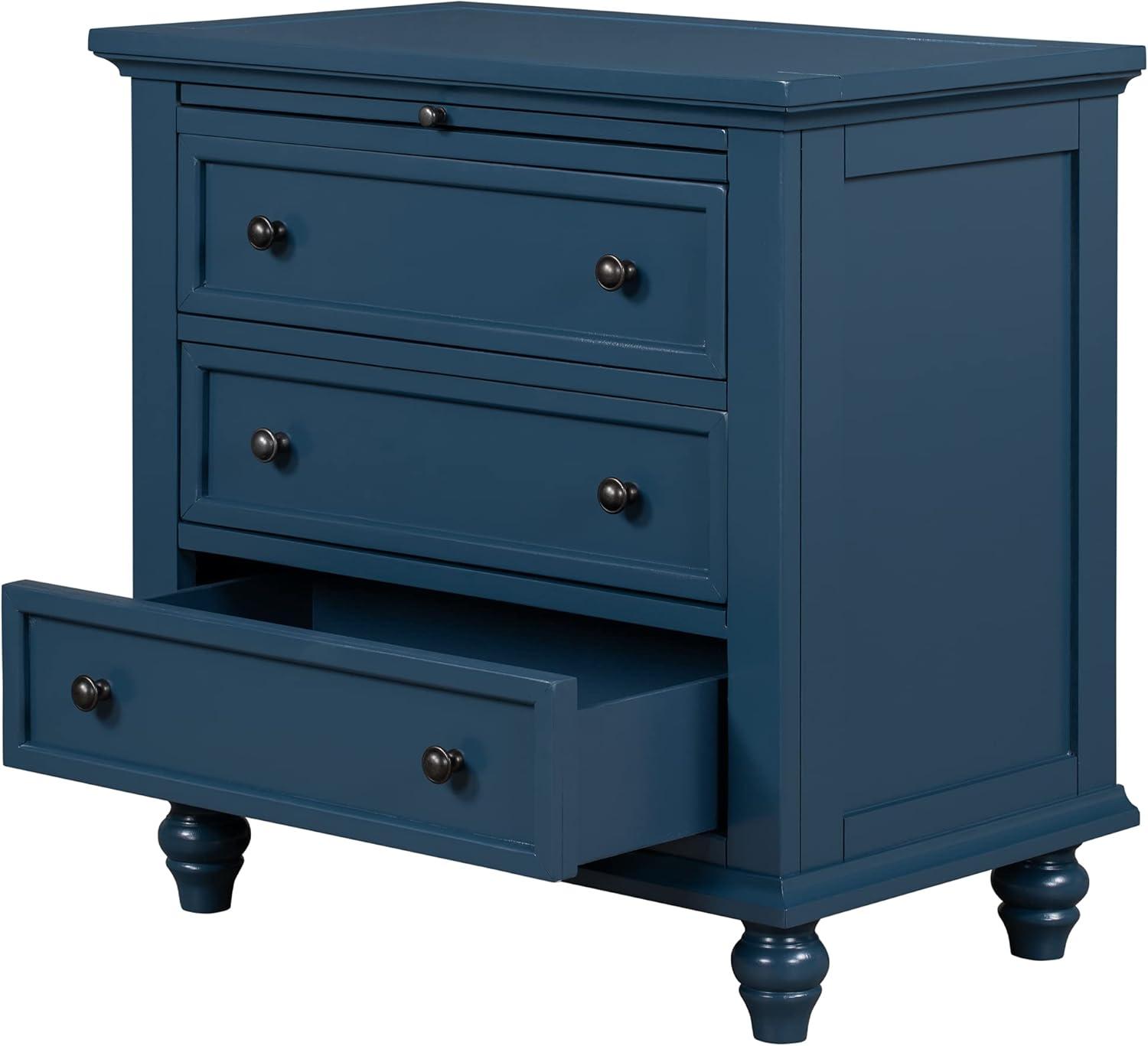 Blue Pine and Manufactured Wood 3-Drawer Nightstand with Pull-Out Tray