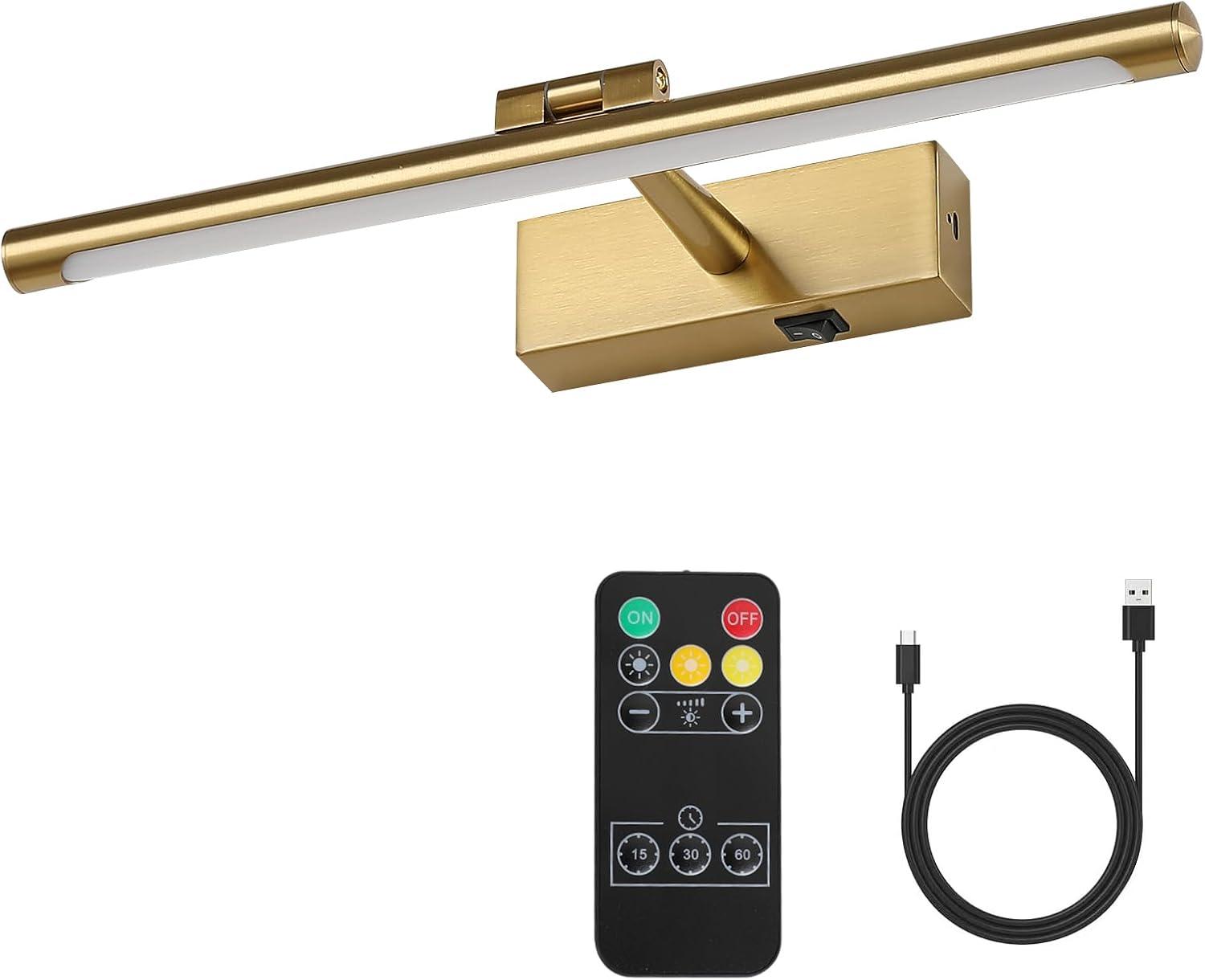 Modern LED Picture Light Dimmable 15.75 "Brass Picture Light lampshade can Rotate up or Down 270 Degrees 3 Color Temperature Display Wall Art Light Battery Powered