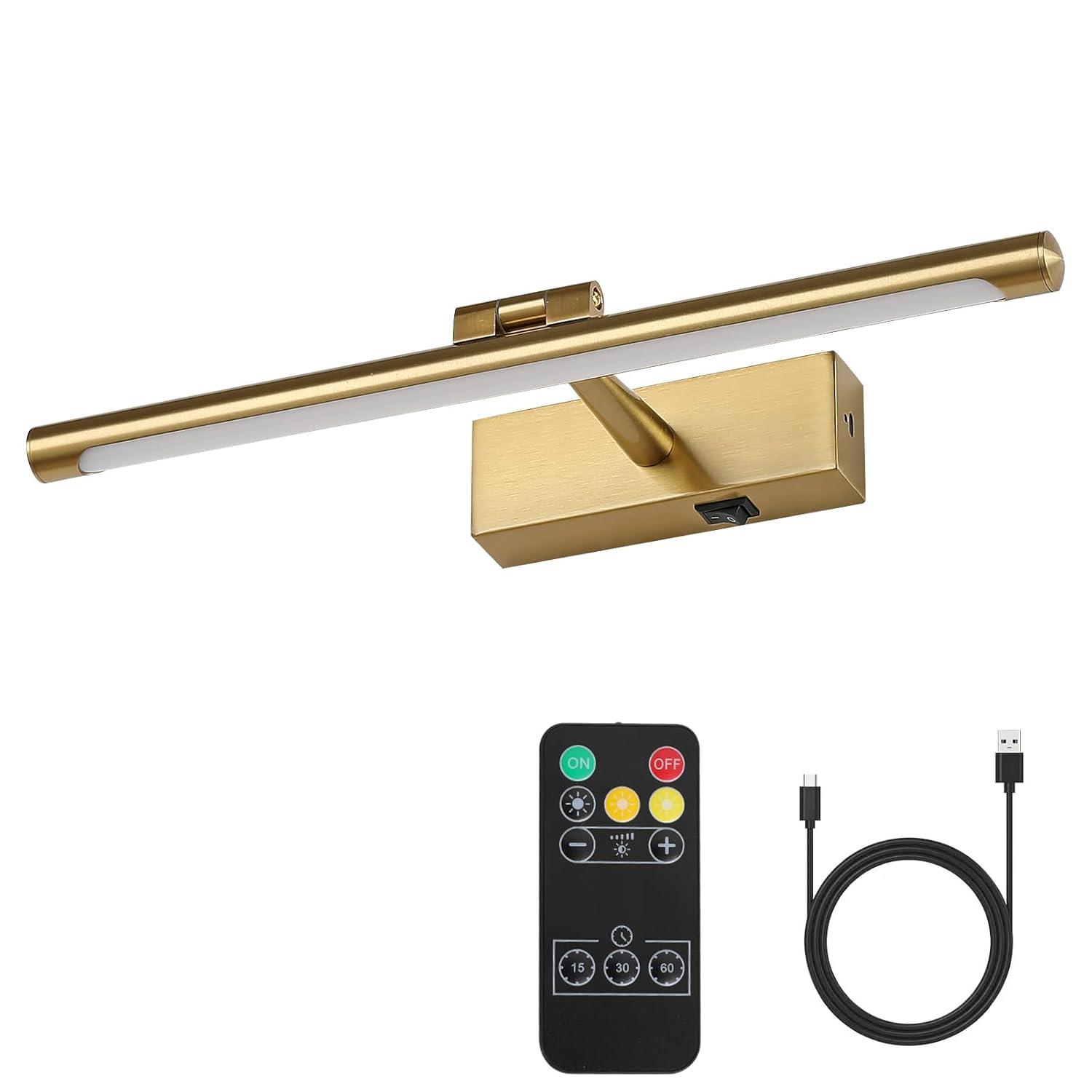 Modern LED Picture Light Dimmable 15.75 "Brass Picture Light lampshade can Rotate up or Down 270 Degrees 3 Color Temperature Display Wall Art Light Battery Powered