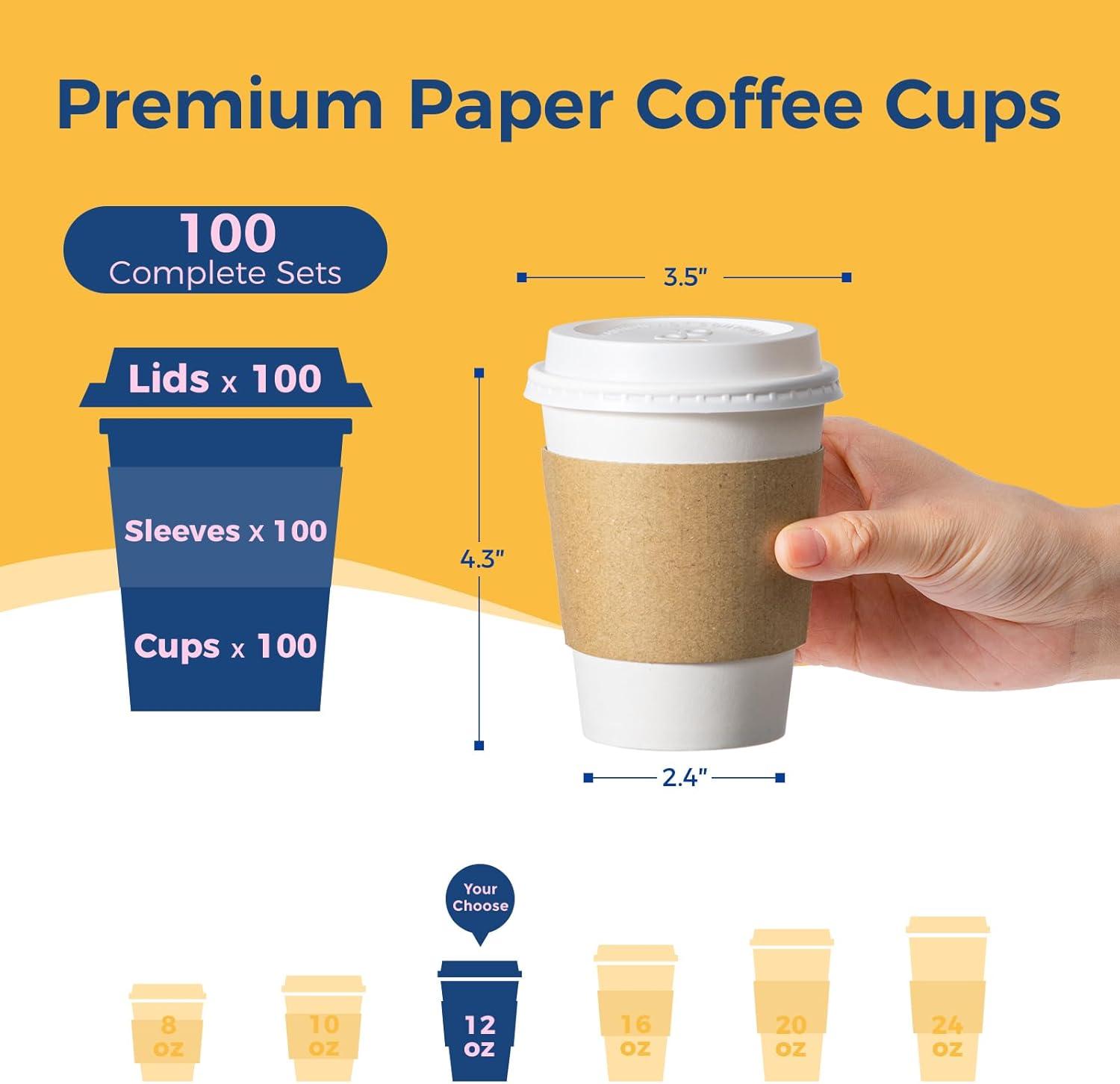 FAST APPLIANCES LLC Paper Cups,Cups,Disposable Cups 100 Pack 12 Oz Leak-Proof Coffee Cups With Lids And Sleeves Disposable Paper To Go Hot Coffee Cups For Home, Business, Office, Cafes And Parties