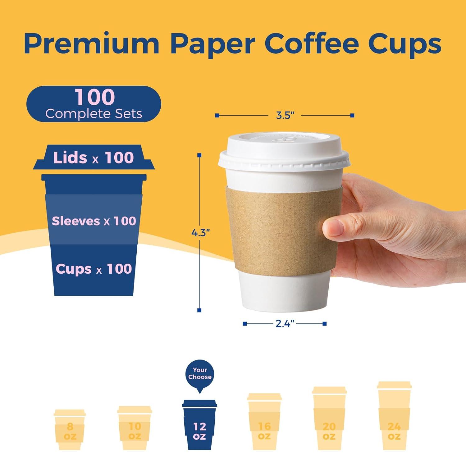 FAST APPLIANCES LLC Paper Cups,Cups,Disposable Cups 100 Pack 12 Oz Leak-Proof Coffee Cups With Lids And Sleeves Disposable Paper To Go Hot Coffee Cups For Home, Business, Office, Cafes And Parties