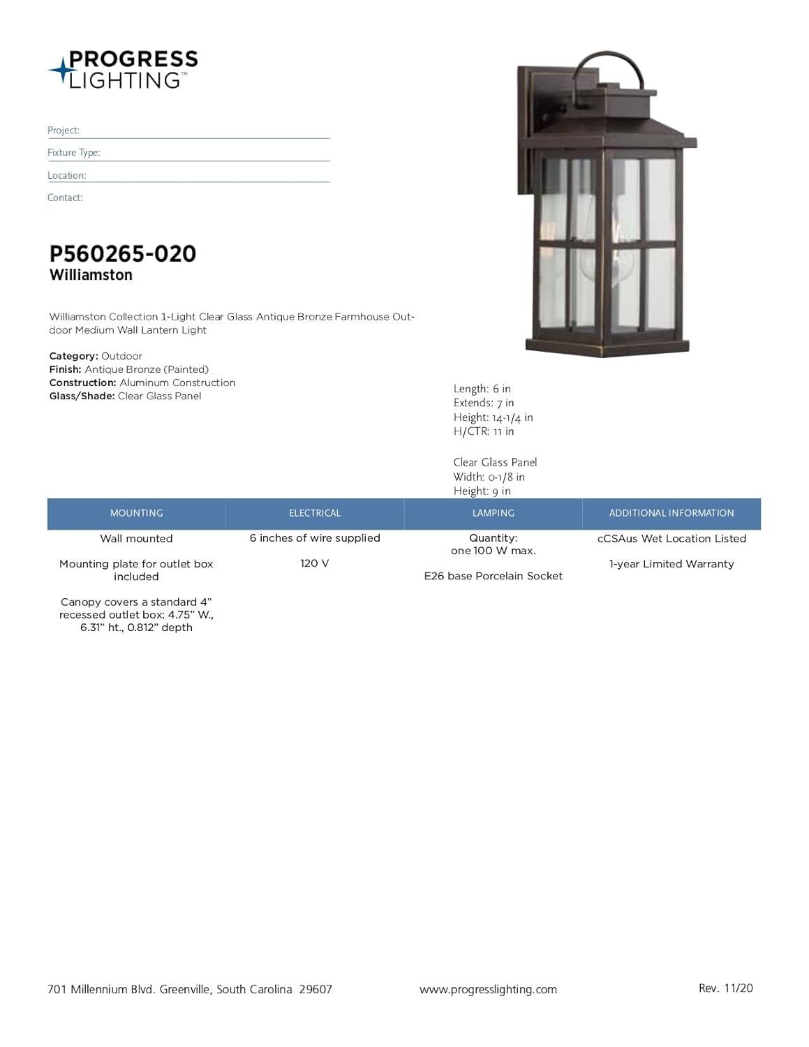 Progress Lighting Williamston 1-Light Antique Bronze Outdoor Wall Lantern with Clear Glass Shade