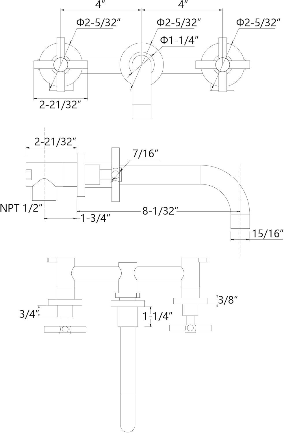 Wall Mounted 2-handle Bathroom Faucet