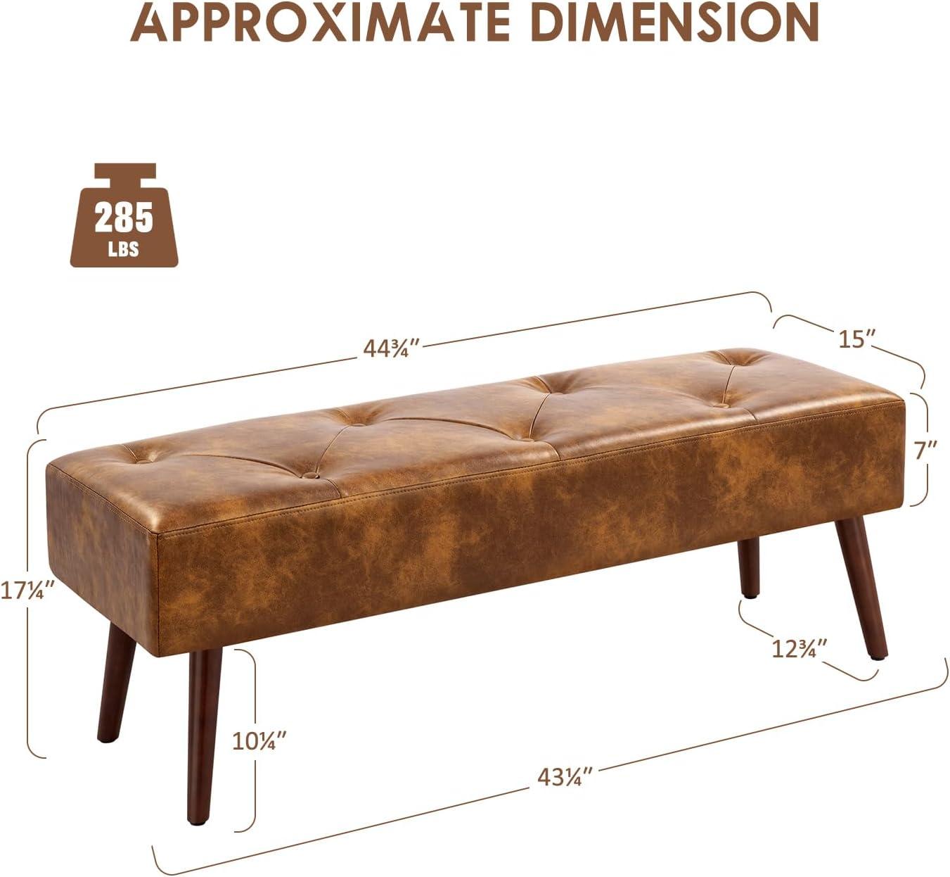 44-Inch Brown Tufted Leather Bench with Tapered Wood Legs