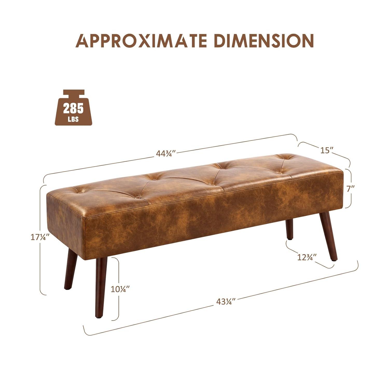 Furniliving 44 Inch Tufted Leather Bench, Leather Footrest Stool Bedroom Bench Seat, Upholstered Tufted Beathable Fabrics Ottoman Bench with X-Shaped Wood Legs for Kitchen, Solid Wood Indoor Bench