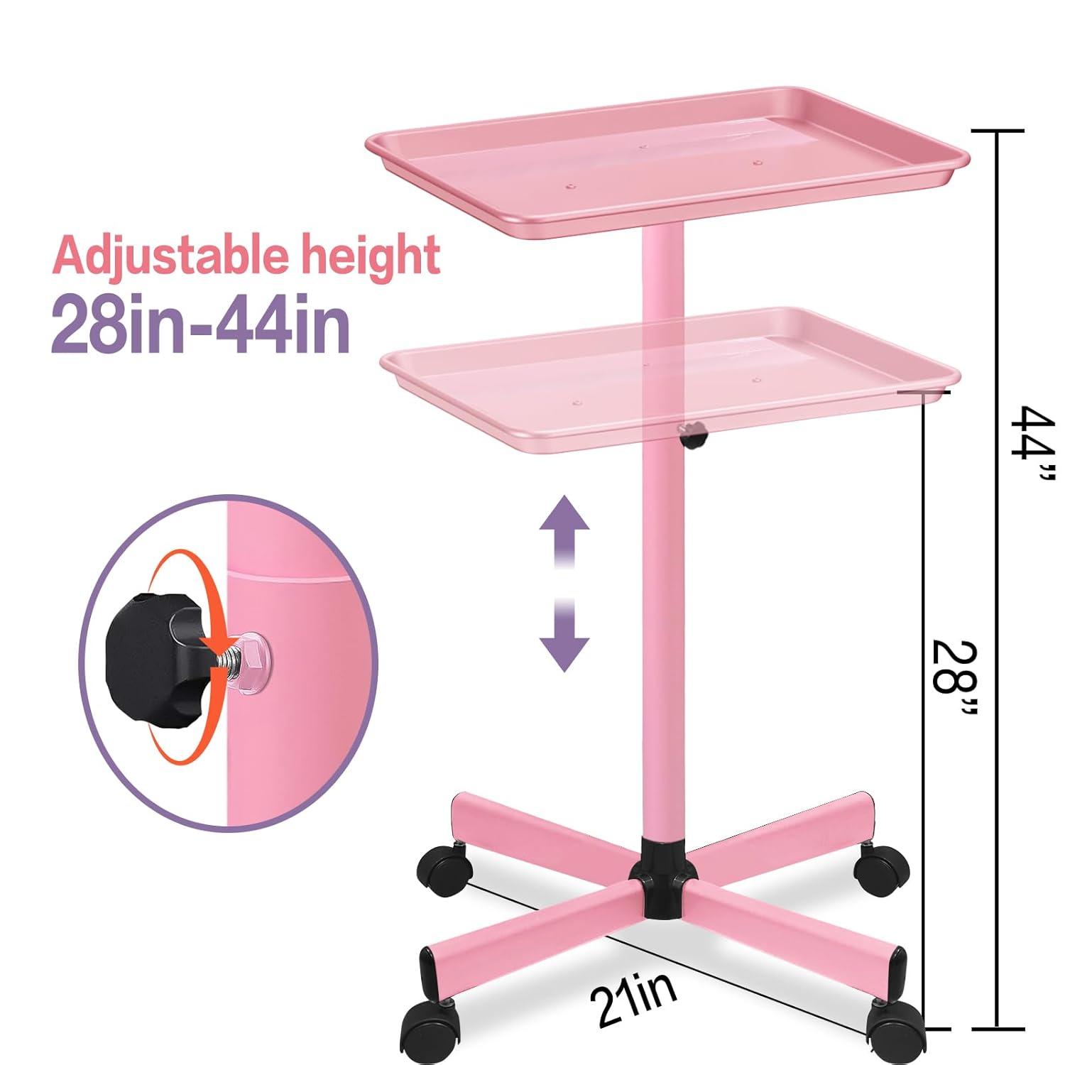 Salon Tray,Height Adjustable Salon Service Rolling Cart,Hair Color Tray with Wheels,Pink