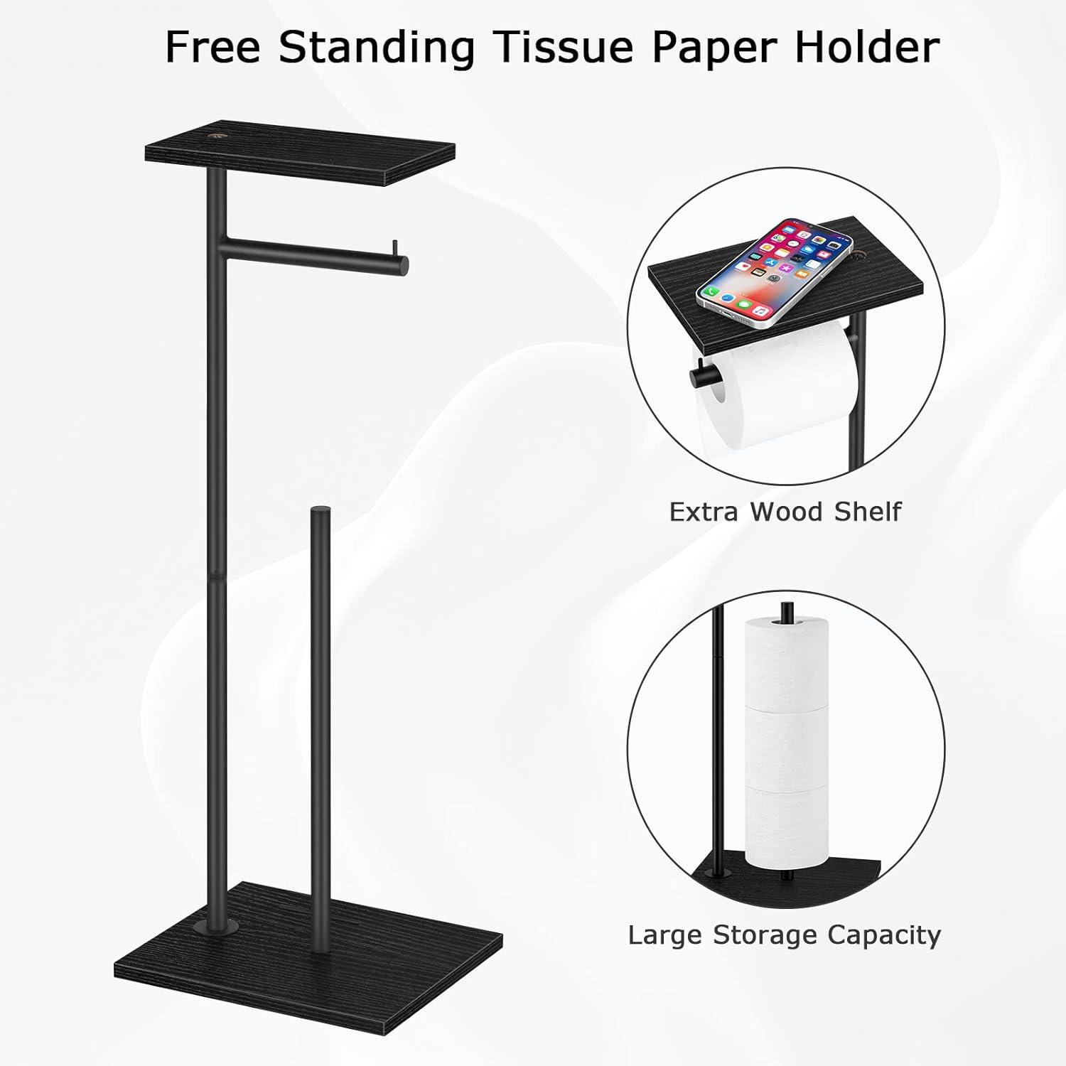 KeesonKimi  Free Standing Toilet Paper Holder Stand, Black Toilet Paper Holder Stainless Steel Rustproof Tissue Roll Holder Floor Stand Storage for Bathroom