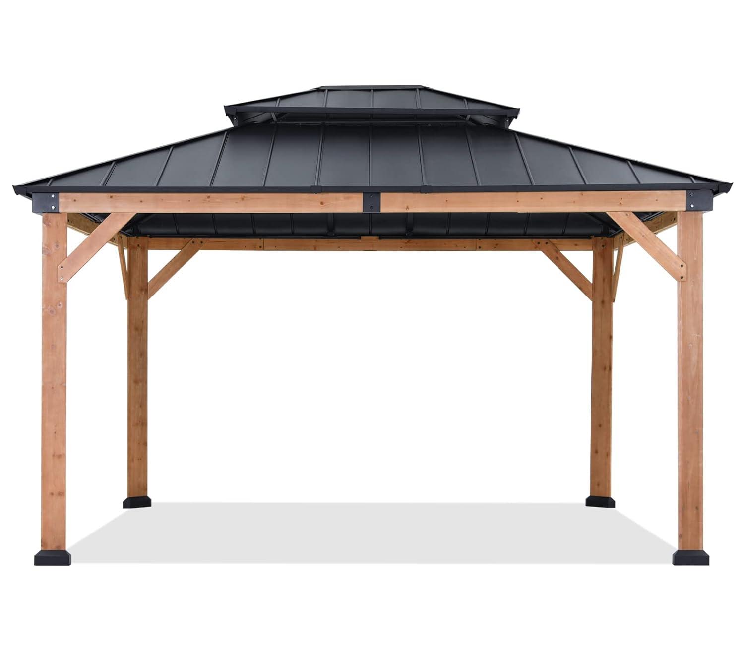 11 ft. x 13 ft. Wood Gazebo Matte Black Roof and Natural Wood Frame Gaezbos Black Double Steel Hardtop Roof