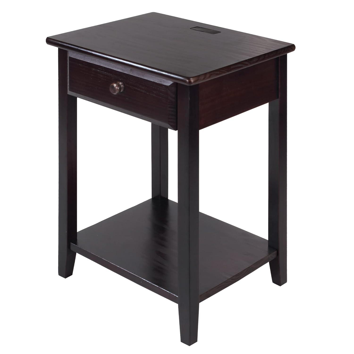 Casual Home Night Owl Sleek Solid Wood Bedroom Nightstand with Included Discrete 4 port USB Port Station