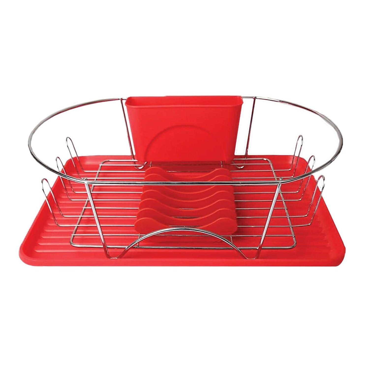 MegaChef 17 Inch Red and Silver Dish Rack
