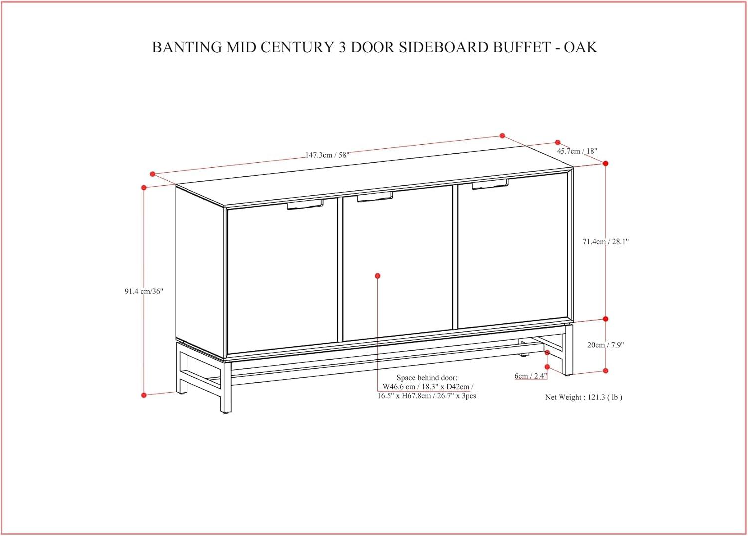 Simpli Home Banting and Metal 58 inch x 18 inch Rectangle Modern Industrial 3 Door Sideboard Buffet in Natural Oak