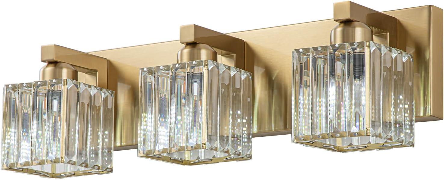 Gold Crystal 3-Light Bathroom Vanity Fixture with Square Shades