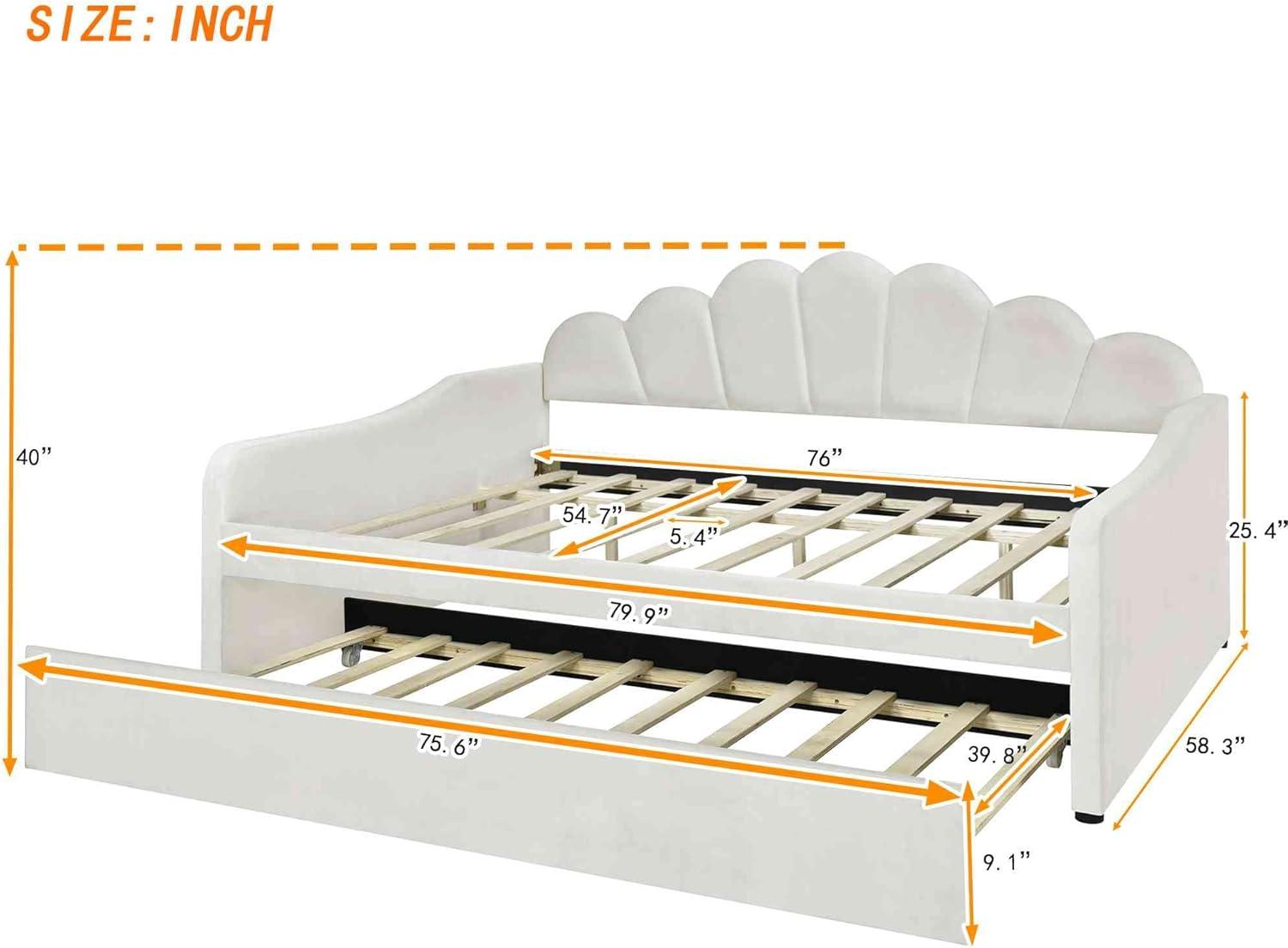 ATY Full Size Upholstery Daybed with Trundle and Backrest, Shall Shaped Bedframe, Sofa Design, for Bedroom, Guestroom, Small Space, Beige