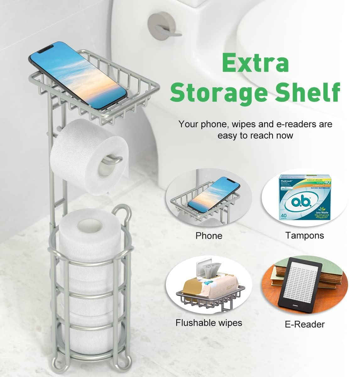 Silver Freestanding Toilet Paper Holder with Extra Storage Shelf