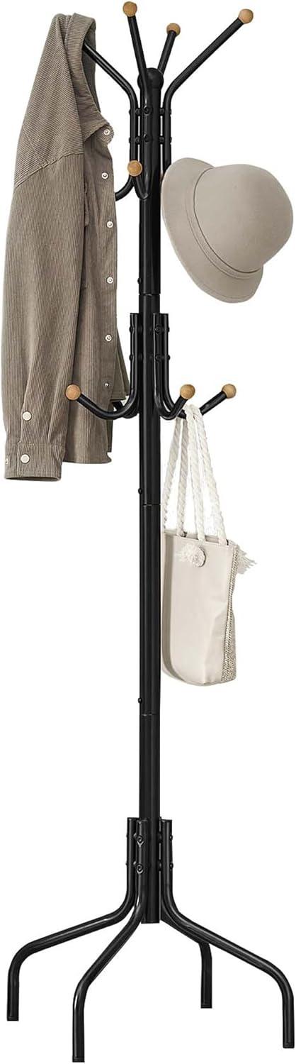 Black Freestanding Metal Coat Rack with 12 Hooks and Wooden Knobs