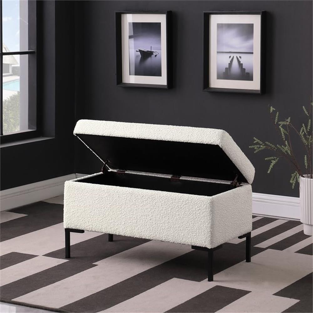 Medium Storage Bench with Metal Legs Cream Boucle - HomePop: Upholstered Rectangle for Modern Decor, Seats 2