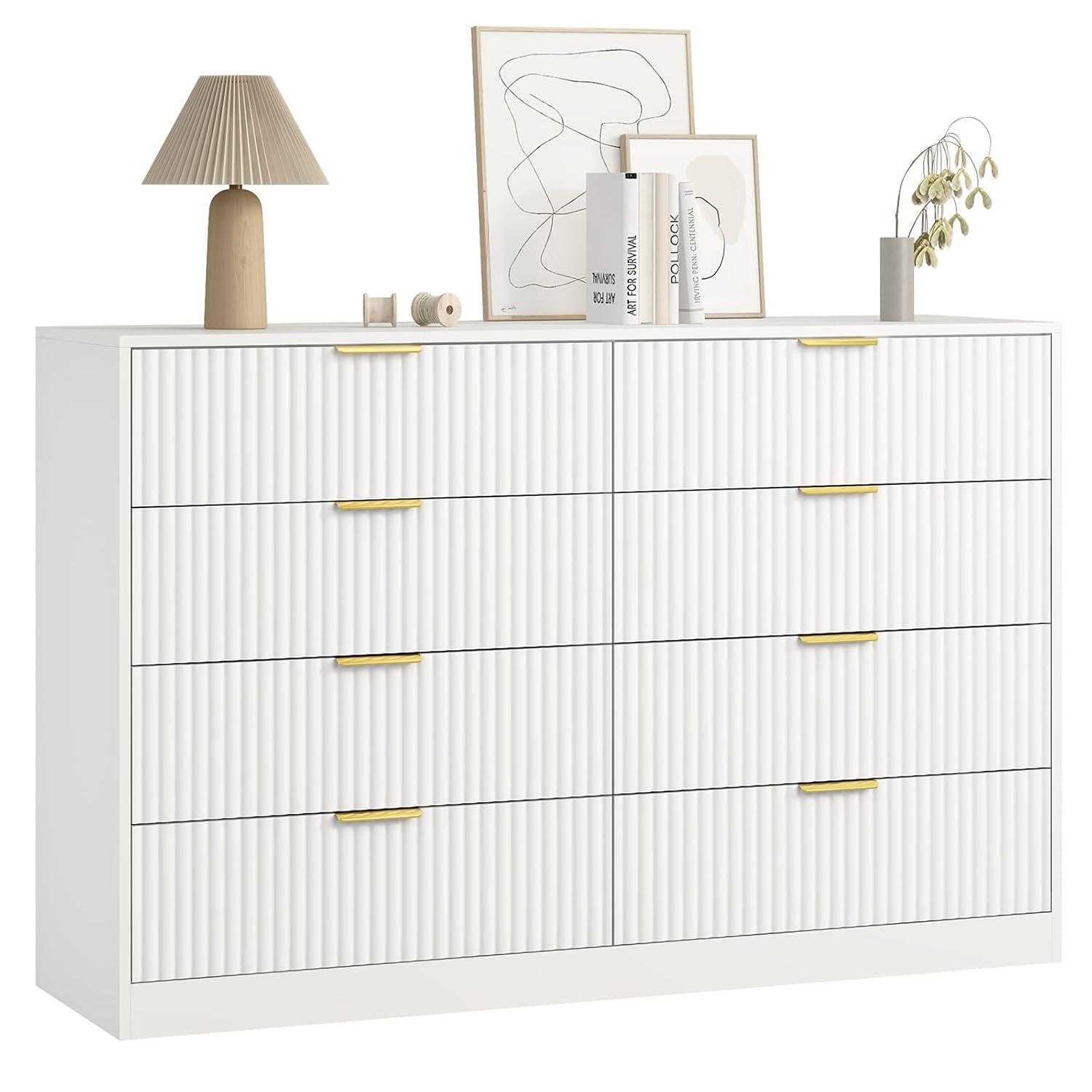 Fluted Dresser For Bedroom With 8 Drawers, 55" Wide Modern Chest Of Drawers With Metal Handle