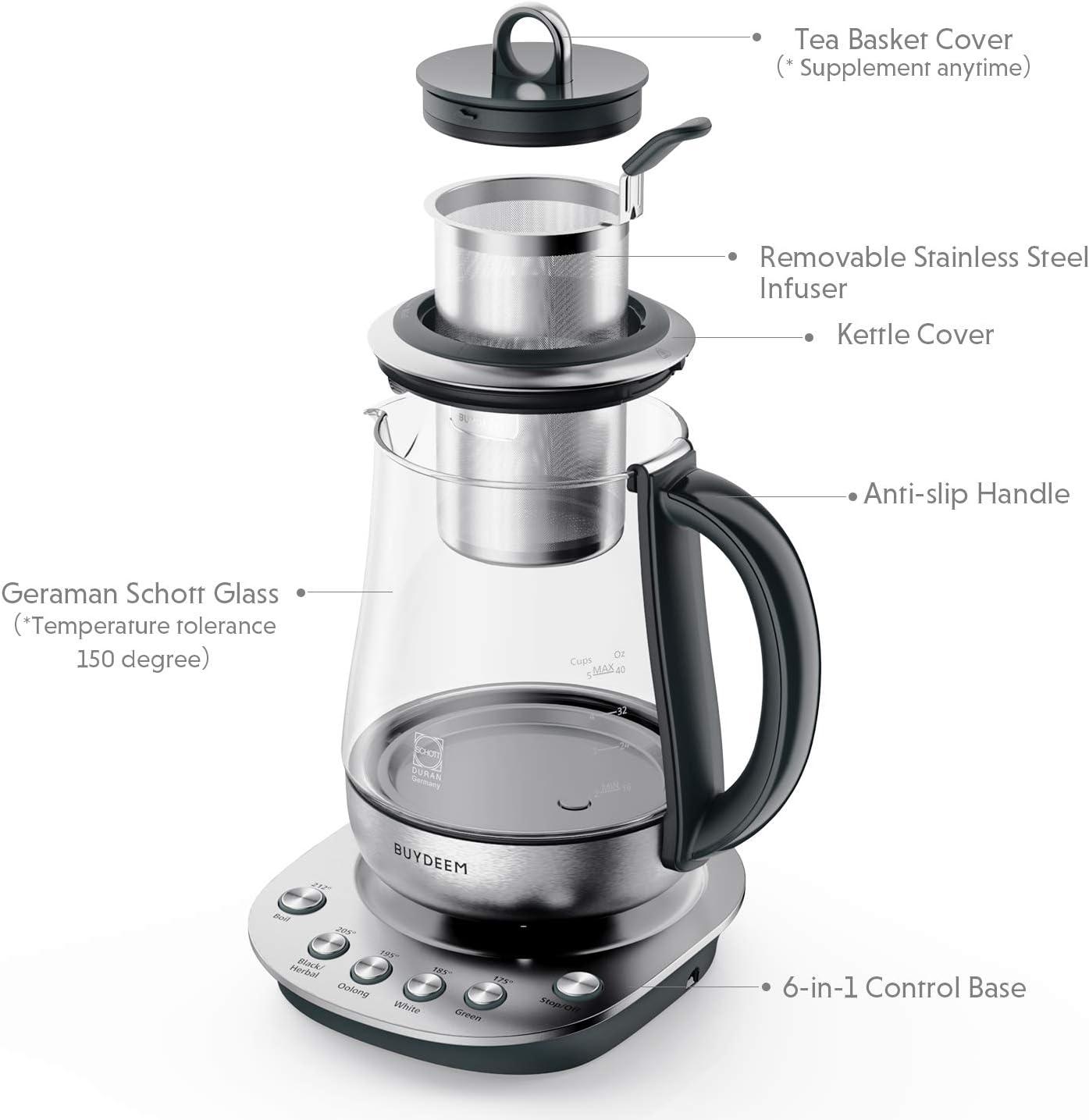BUYDEEM Electric Tea Maker with Removable Infuser, Stainless Steel & German Schott Glass Kettle, Auto Keep Warm, 1.2L