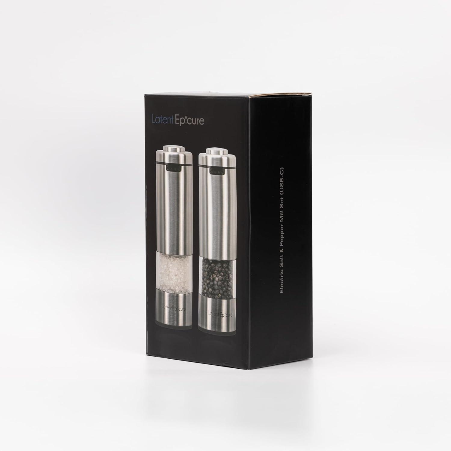 Electric Salt and Pepper Grinder Set - Battery Operated, Stainless Steel Shakers with Adjustable Fine & Coarseness, One Handed Operation, LED Light & Complimentary Mill Rest Tray