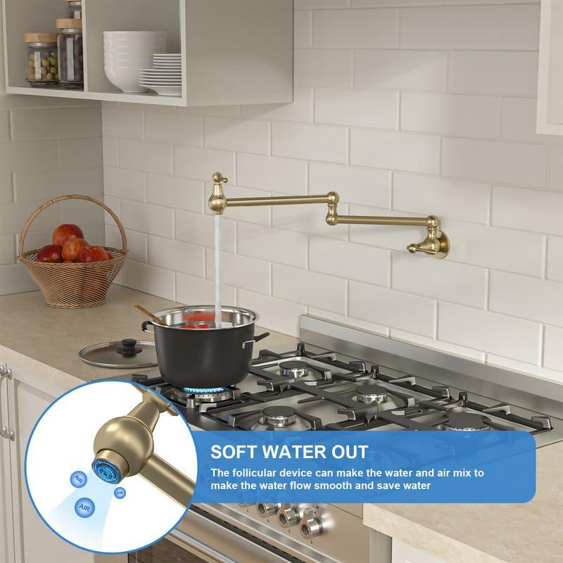 Pot Filler Faucet, Solid Brass Brushed Gold Single Cold Kitchen Faucet Wall Mounted Kitchen Pot Filler Faucet Double Joint Swing Arm Faucet