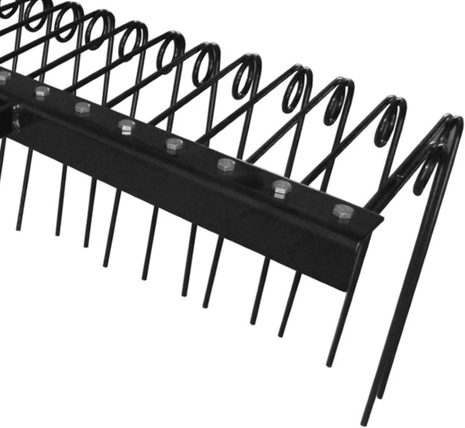 Field Tuff Steel Spring Coil Tine Tow Behind Landscape Rake for Leaves, Pine Needles, Straw, and Grass with 3 Point Hitch Receiver Attachment, Black