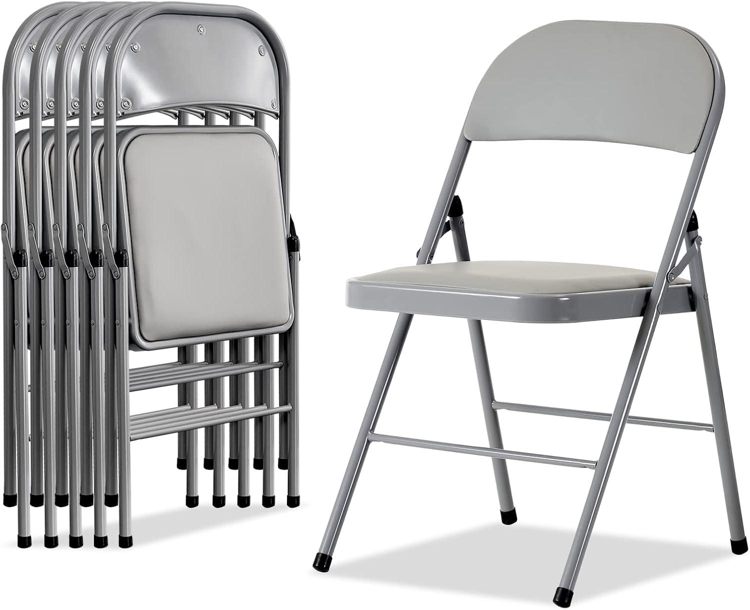 6 Pack Gray Folding Chairs with Padded Cushion and Back for Outside Portable Stackable Commercial Foldable Chairs with Steel Frame for Events Office Wedding Party, 330lbs Capacity