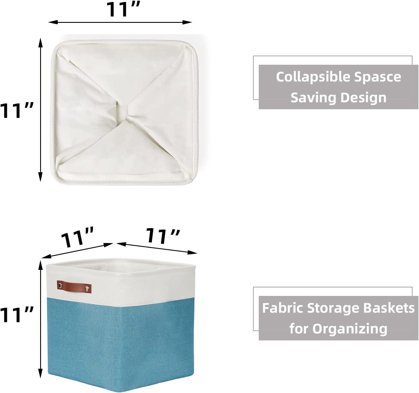 Tegance 13x13 Storage Cubes Baskets 4 Pack Fabric Cube Storage Bins Large Storage Baskets with Leather Handles,Decorative Storage Boxes for Organizing Shelves(WhiteGreen)
