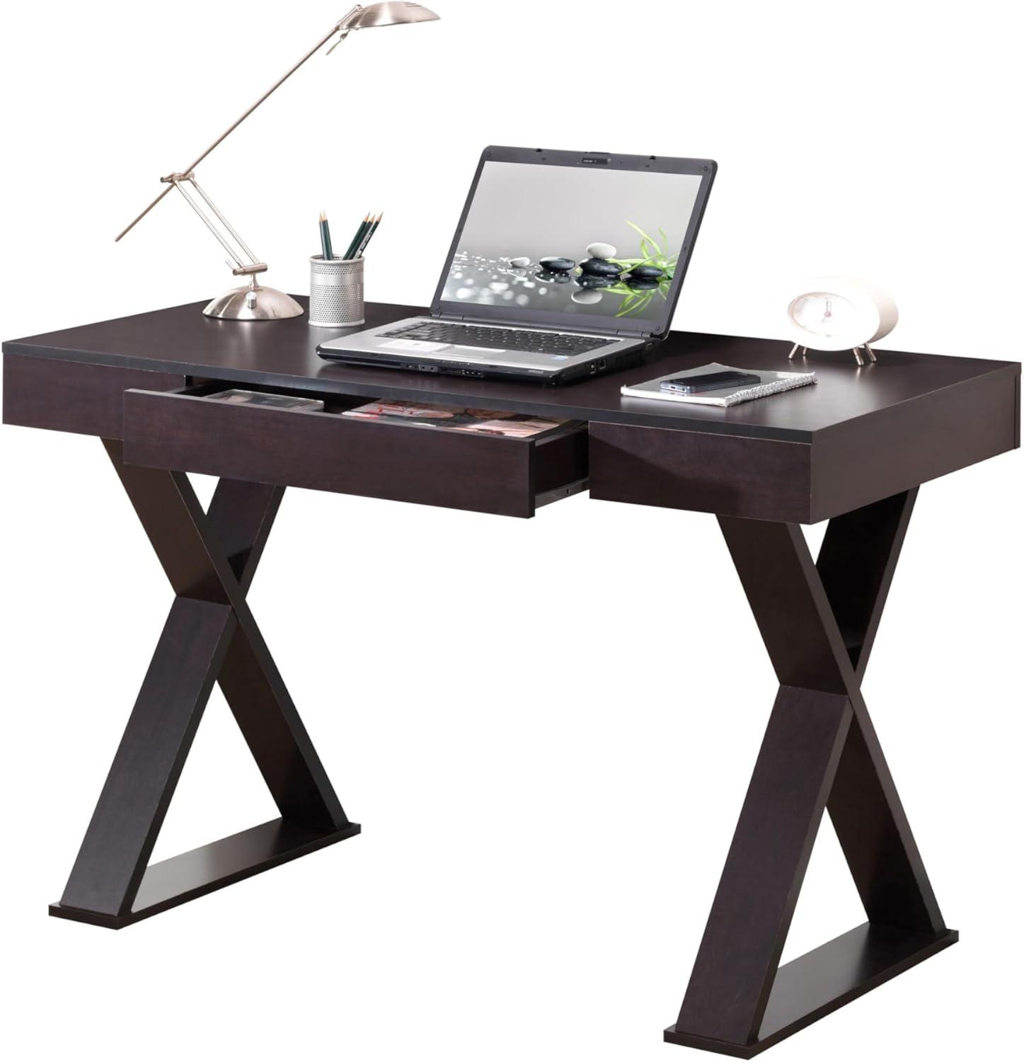 Espresso Wood Executive Writing Desk with Drawer and X-Base