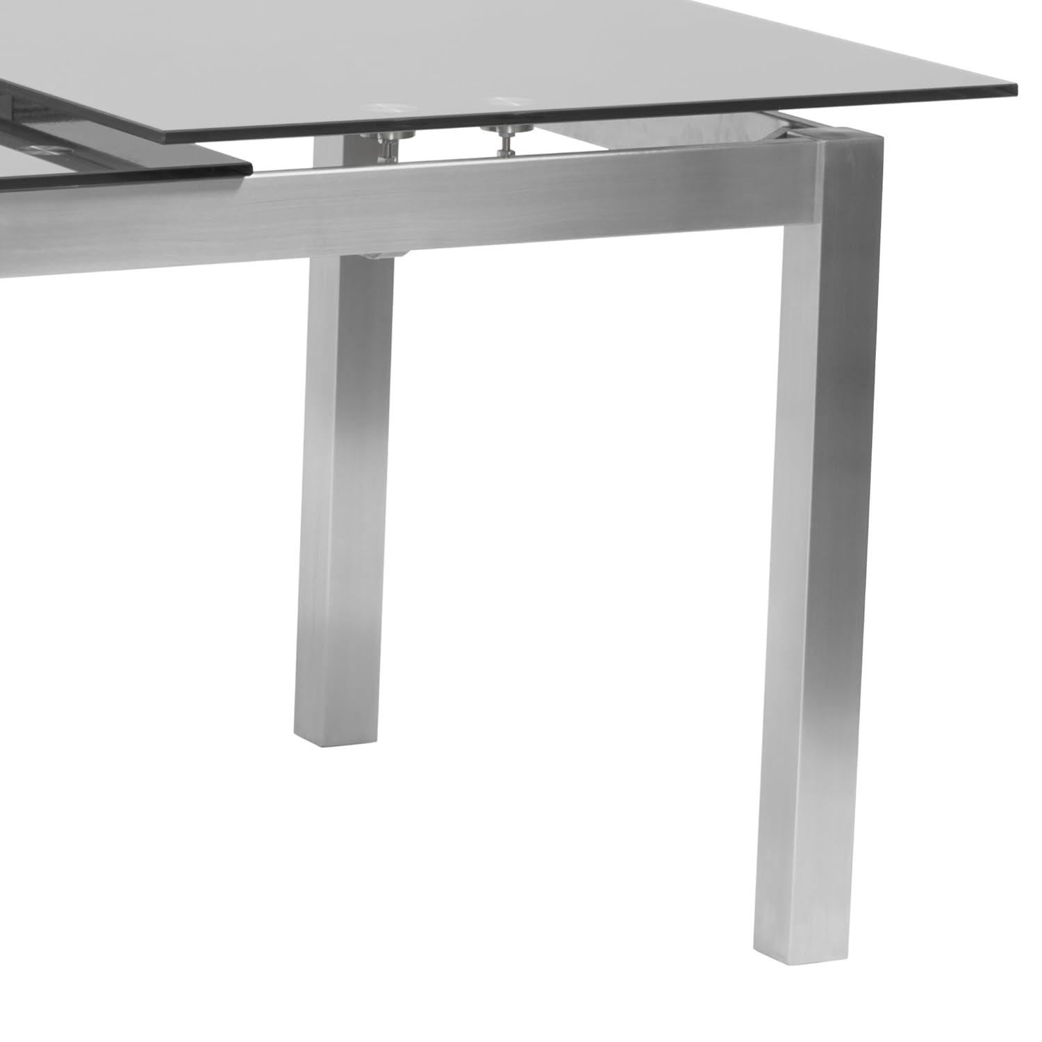 Armen Living IvanExtendable Dining Table in Brushed Stainless Steel and Gray Tempered Glass Top: Modern Self-Storing Leaf, Seats 6