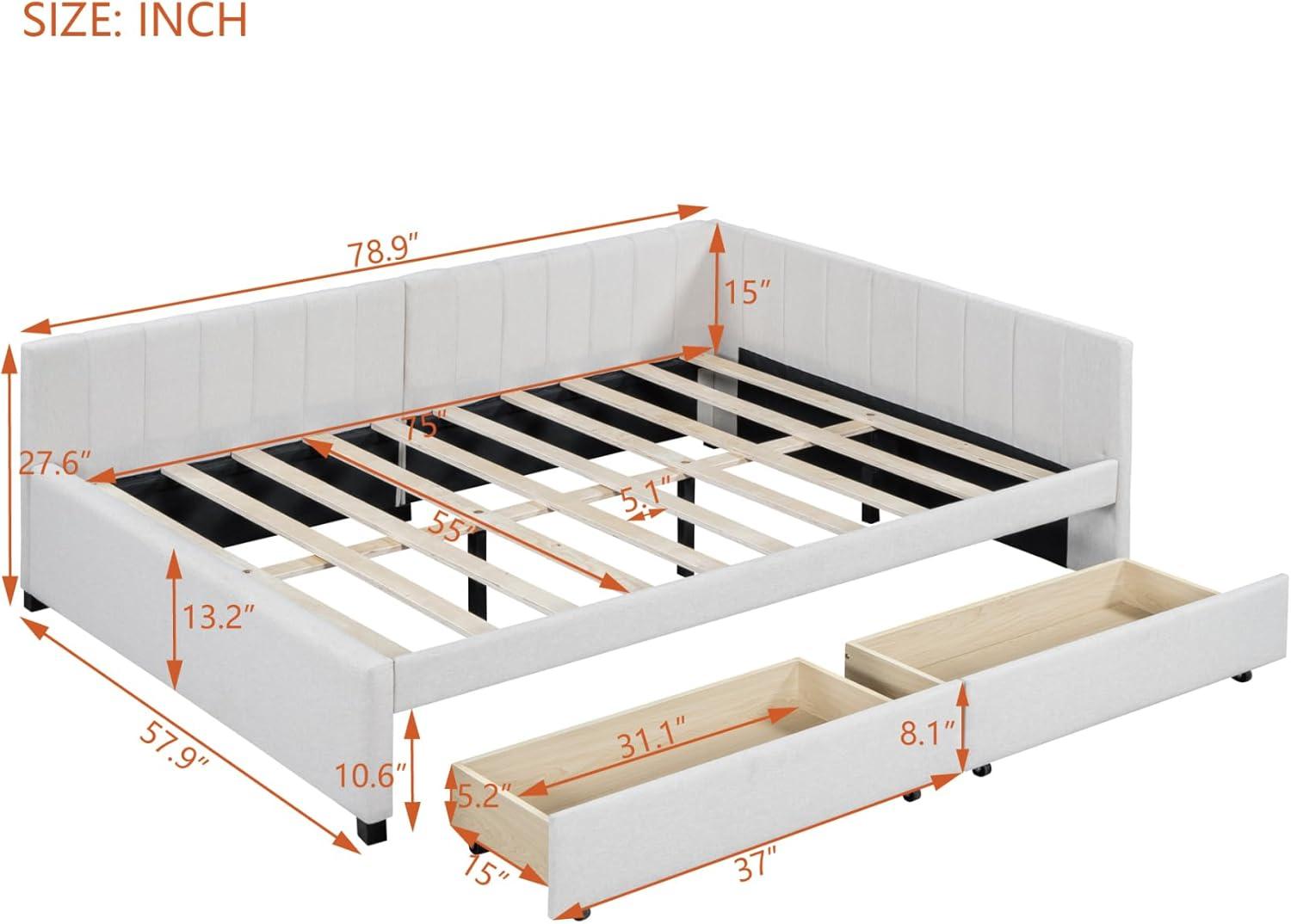 Full Size Daybed with 2 Storage Drawers,L-Shaped Upholstered Linen Fabric Sleeper Sofa Bed Couch,No Box Spring Needed for Kids Girls Adults,Beige