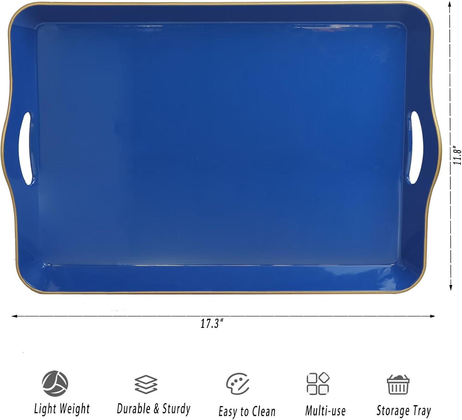 MAONAME Melamine Serving Tray with Handles, Royal Blue Modern Decorative Tray, Rectangular Plastic Tray for Coffee Table, Large Ottoman Tray for Bedroom, Living Room, 17" x 11.8" x 2"