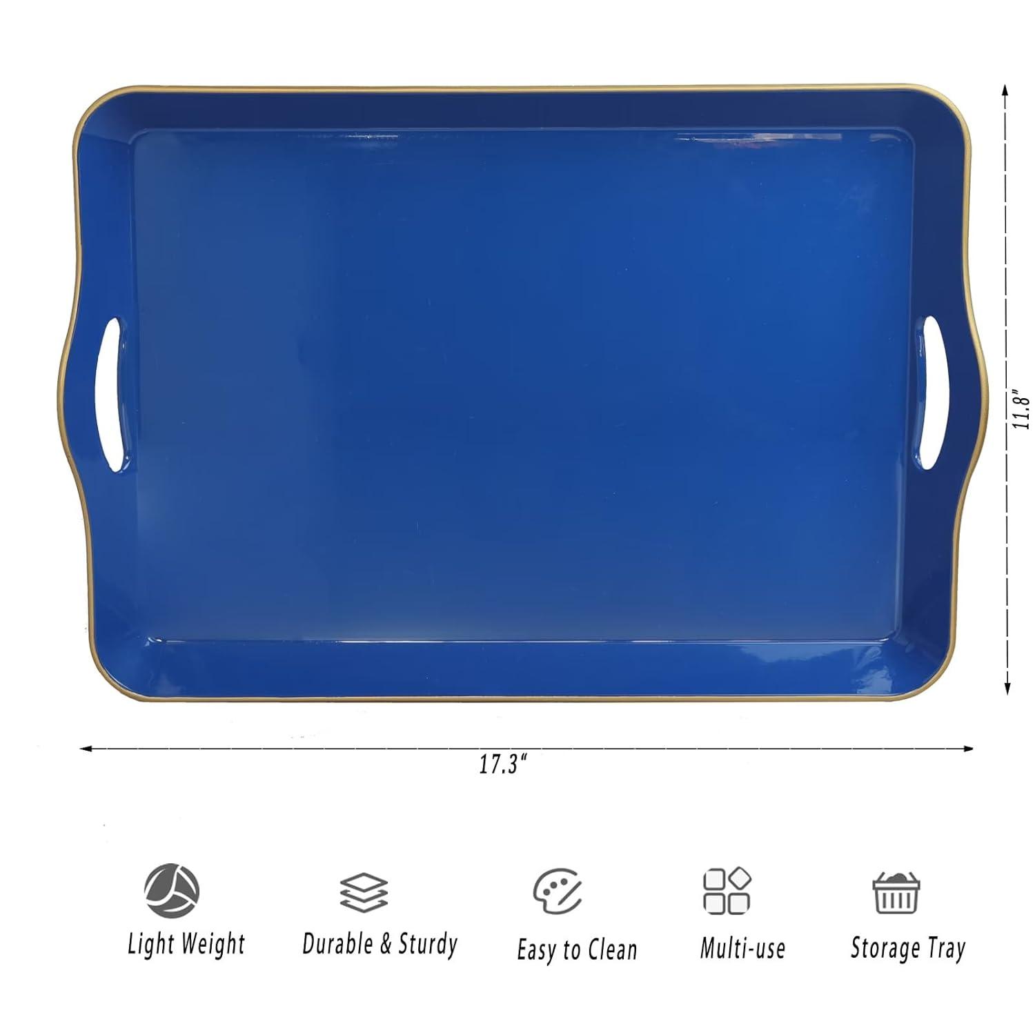 MAONAME Melamine Serving Tray with Handles, Royal Blue Modern Decorative Tray, Rectangular Plastic Tray for Coffee Table, Large Ottoman Tray for Bedroom, Living Room, 17" x 11.8" x 2"