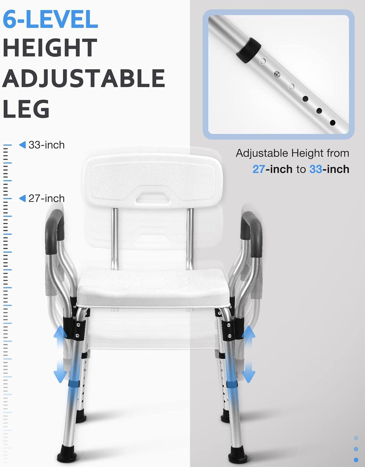 Heavy Duty White and Silver Aluminum Shower Chair with Arms