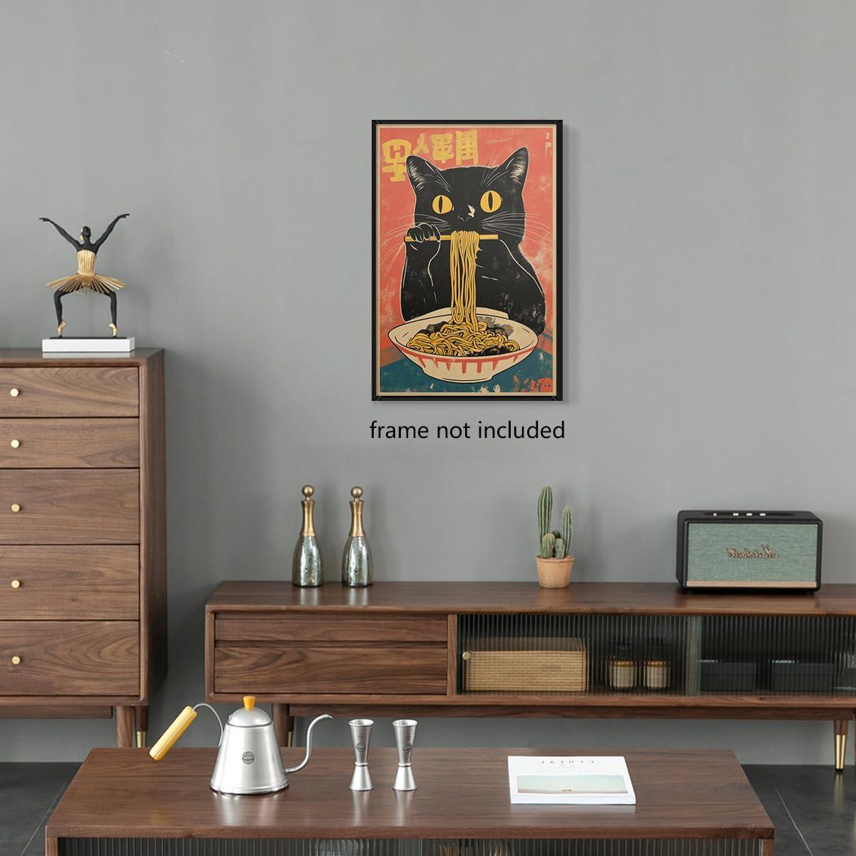 Vintage Japanese Cat Canvas Wall Art, Quirky Black Cat Eating Ramen Poster, Retro Funny Animal Food Art Print, Unique Kitchen Dining Room Wall Decor, Noodle Lover Gift 8x12in Unframed