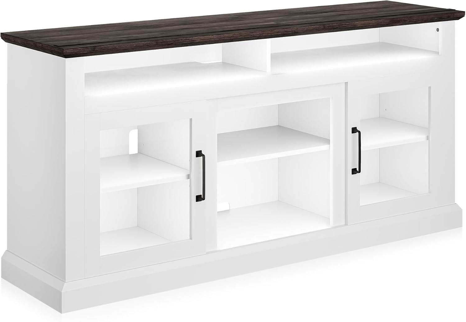 BELLEZE Modern 60 Inch Traditional TV Stand & Media Entertainment Center Console Table for TVs up to 65 Inches with Open Storage Shelves & Cabinets - Cayman (White)