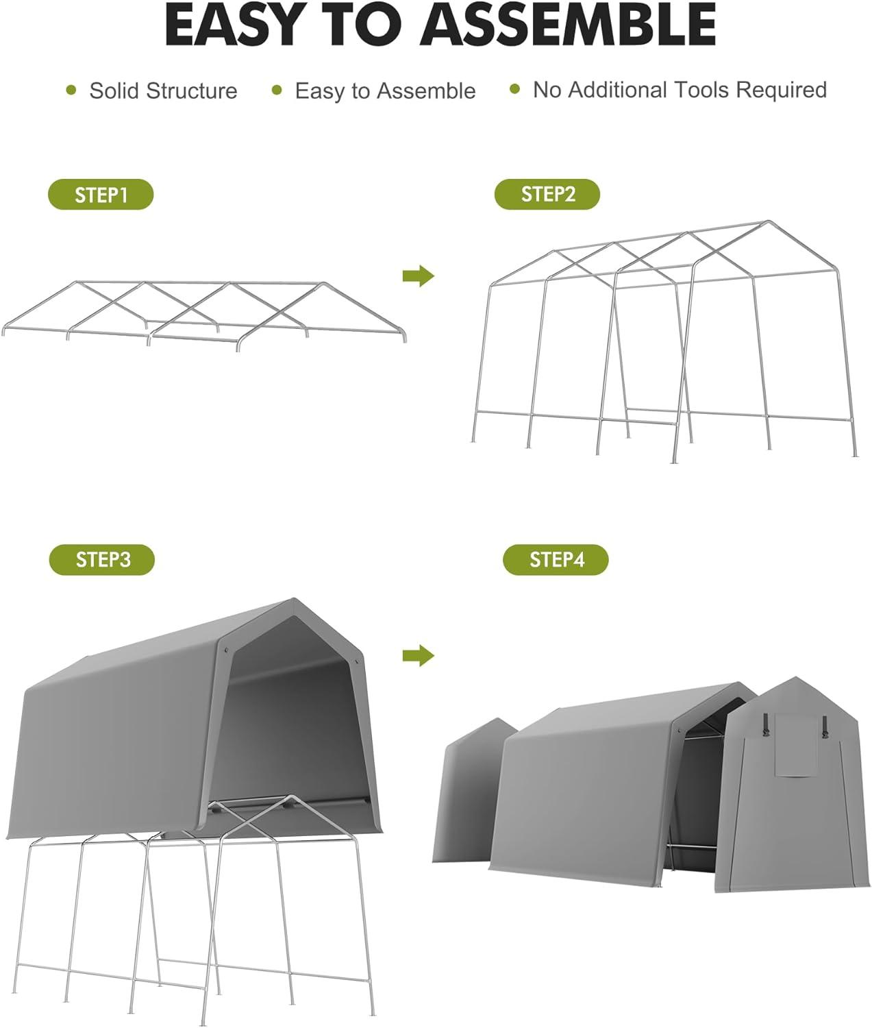Gray Heavy Duty Waterproof Portable Carport with Zipper Doors