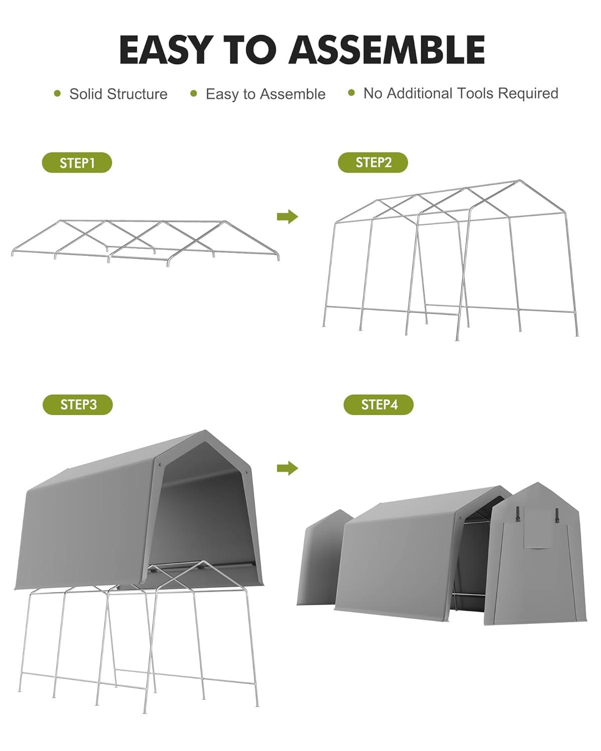 Gray Heavy Duty Waterproof Portable Carport with Zipper Doors