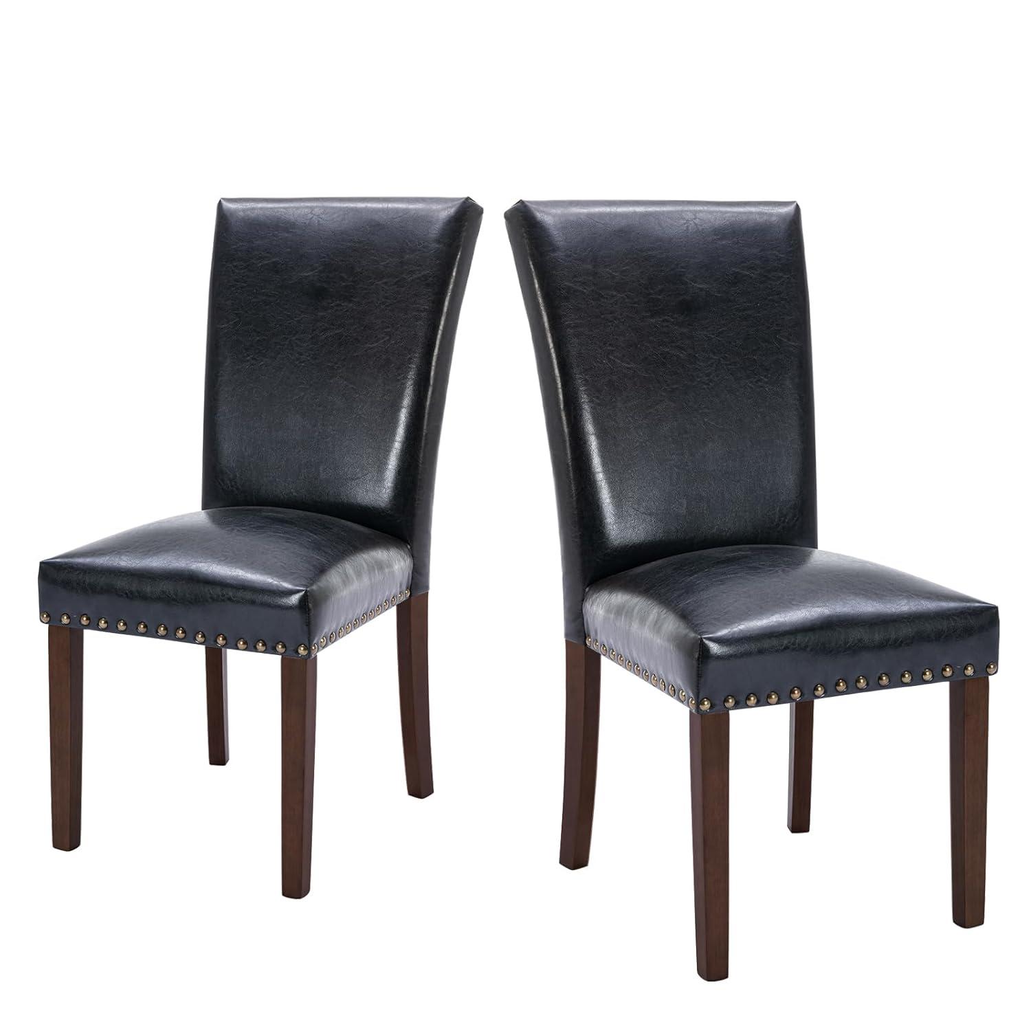 Colamy Black Upholstered Wood Legs Parsons Leather Dining Chairs with Nail head Trim Set of 2 for Dining Room